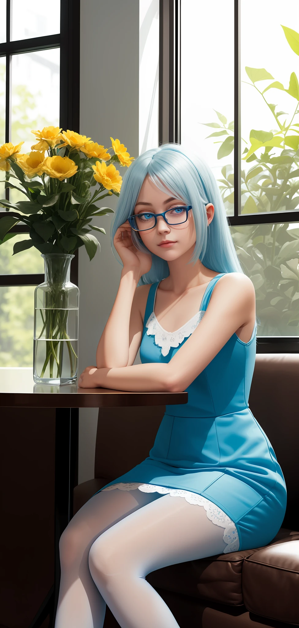 [Pacman ghost; Inky], ((High definition)), ((detailed shading)), ((beautiful solo portrait)), ((full body)), {attractive office woman, (pacman ghost; inky), long straight light blue hair, (blue eyes; white sclera), (expressionless; half closed eyes), slim square glasses, light blue dress, blue pantyhose, light blue loafers}, (sitting on table; legs crossed), [background; (living room; couch, flower vase, (window; sunny)]