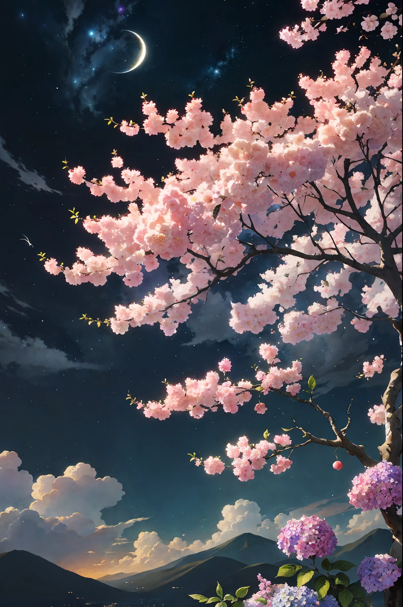 paint (strokes)+, atmosphere, intricate, clouds, aspect ratio 1:1, raytracing, Bokeh, smooth, (colorful), (detailed complex busy background: 0.8), hydrangea, repair drones, (night:1.4), Sharp Eyeliner, intricate details, hand on Chinese sword, beautiful, flat illustration, scenery, detail love, (ultra-detailed), day, photon mapping, ((intricate details)), ship wake, (The Peach Tree), crowd,