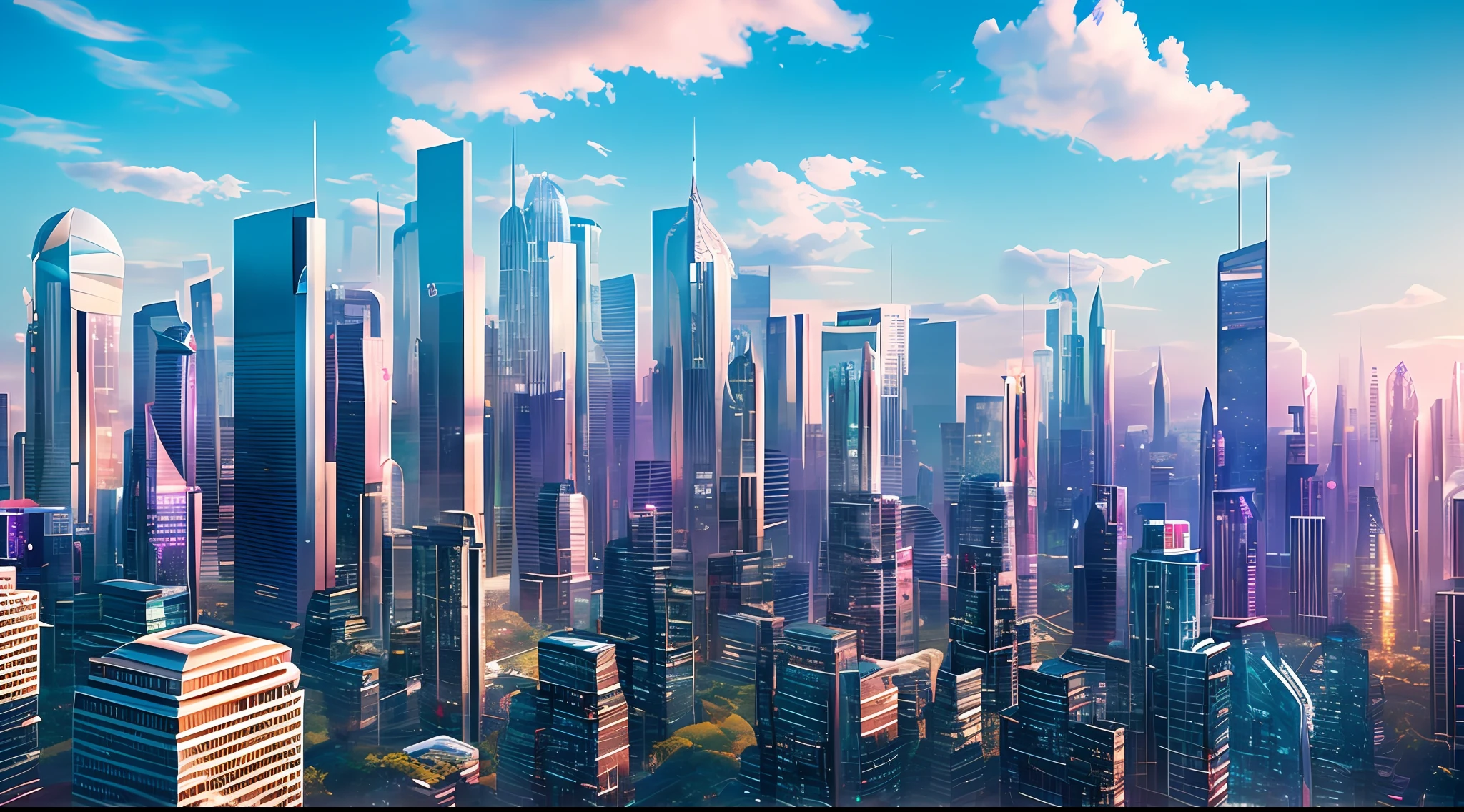 Style: Concept art. The scene: Futuristic cityscapes with towering skyscrapers and sleek aerodynamic vehicles speeding through the air. High-resolution OLED GUI interfaces in the building&#39;s windows are filled with transparent data visualization infographics showing everything from weather patterns to traffic flow. Colors are saturated and vibrant, with warm pinks and purples dominating the skyline. The overall effect is both beautiful and awe-inspiring.