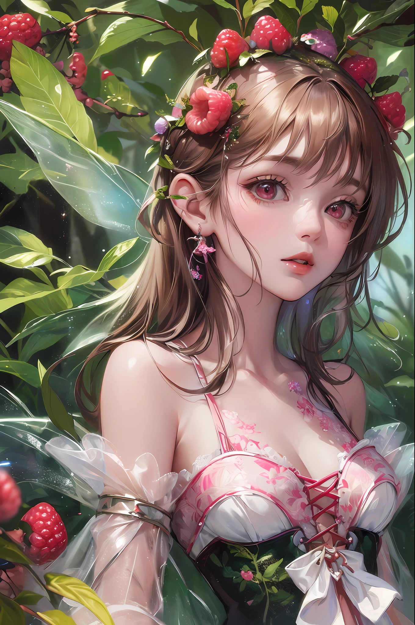 ( Absurd, High quality, ultra-detailed, masterpiece, concept art, smooth, highly detailed artwork, hyper-realistic painting ) , girl, raspberry girl, Raspberries, cute, upper body, Romantic, Vivid, dreamy, fantasy, fairy wings, in the forest, enchanting glow, very detailed art