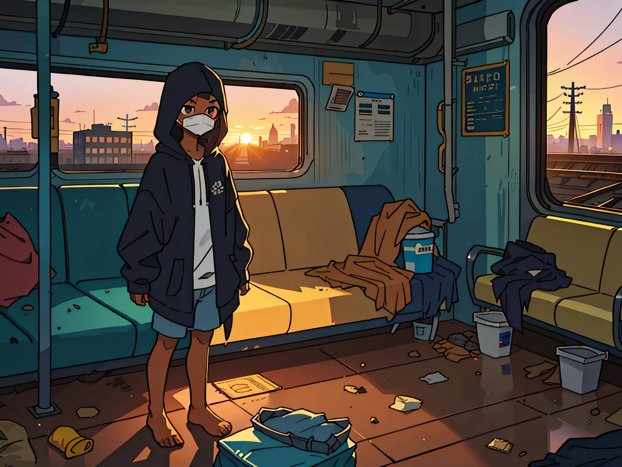 a age girl in a very baggy tan poncho, hood over her face, dirty bare feet, inside of a train car, dirty , grimy, trash on the floor, city background, sunset
(best-quality:0.8), (best-quality:0.8), perfect anime illustration, dark obscured face, glowing eyes