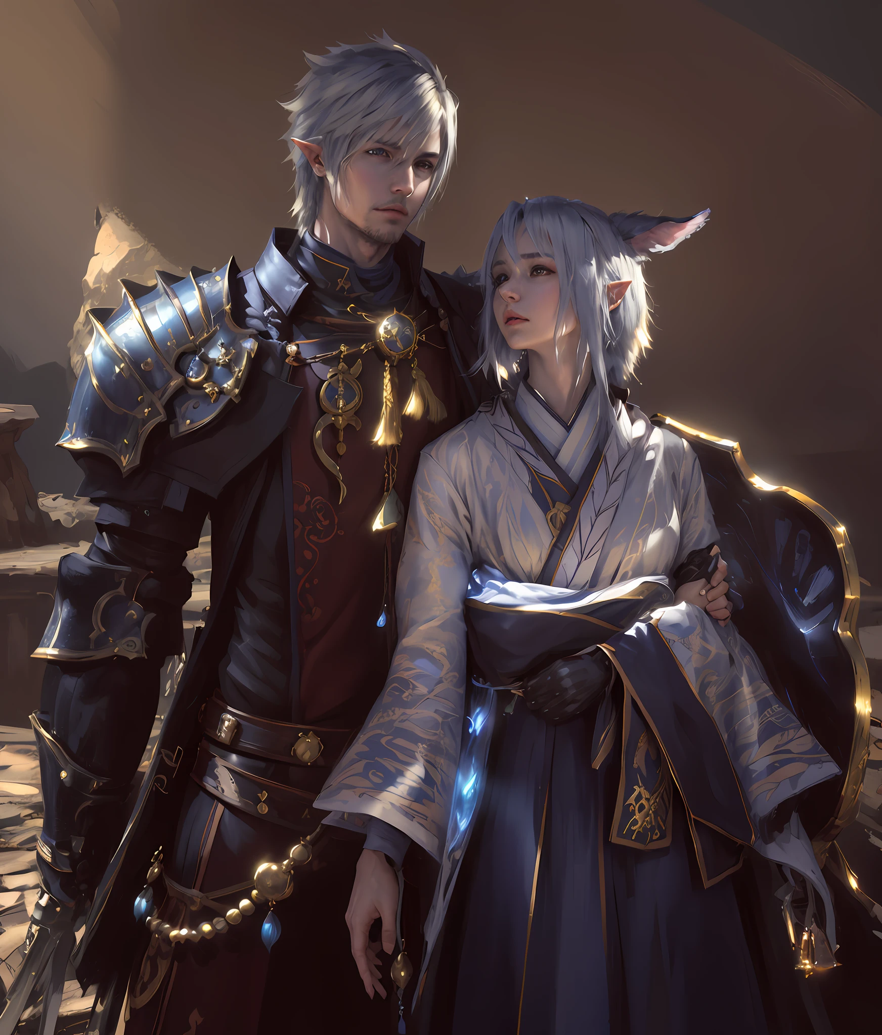 (masterpiece:1.2), best quality, absurdities, high detail, focus sharp, highly detailed face and eyes, (photorealistic:1.2), (profile picture:0.5), Anime characters dressed in traditional Japanese clothes standing next to each other, man is an elf and has blue eyes, thancred waters in wlop style, final fantasy style 14, thancred waters, fashion jrpg, Hidari and Vlop, wearing kimono armor, lunar themed suit, Final Fantasy 1 4 Screenshot, Final Fantasy 1 4, fluid robes and leather armor, blade and soul, Final Fantasy XIV, there is a clear golden aura in the characters