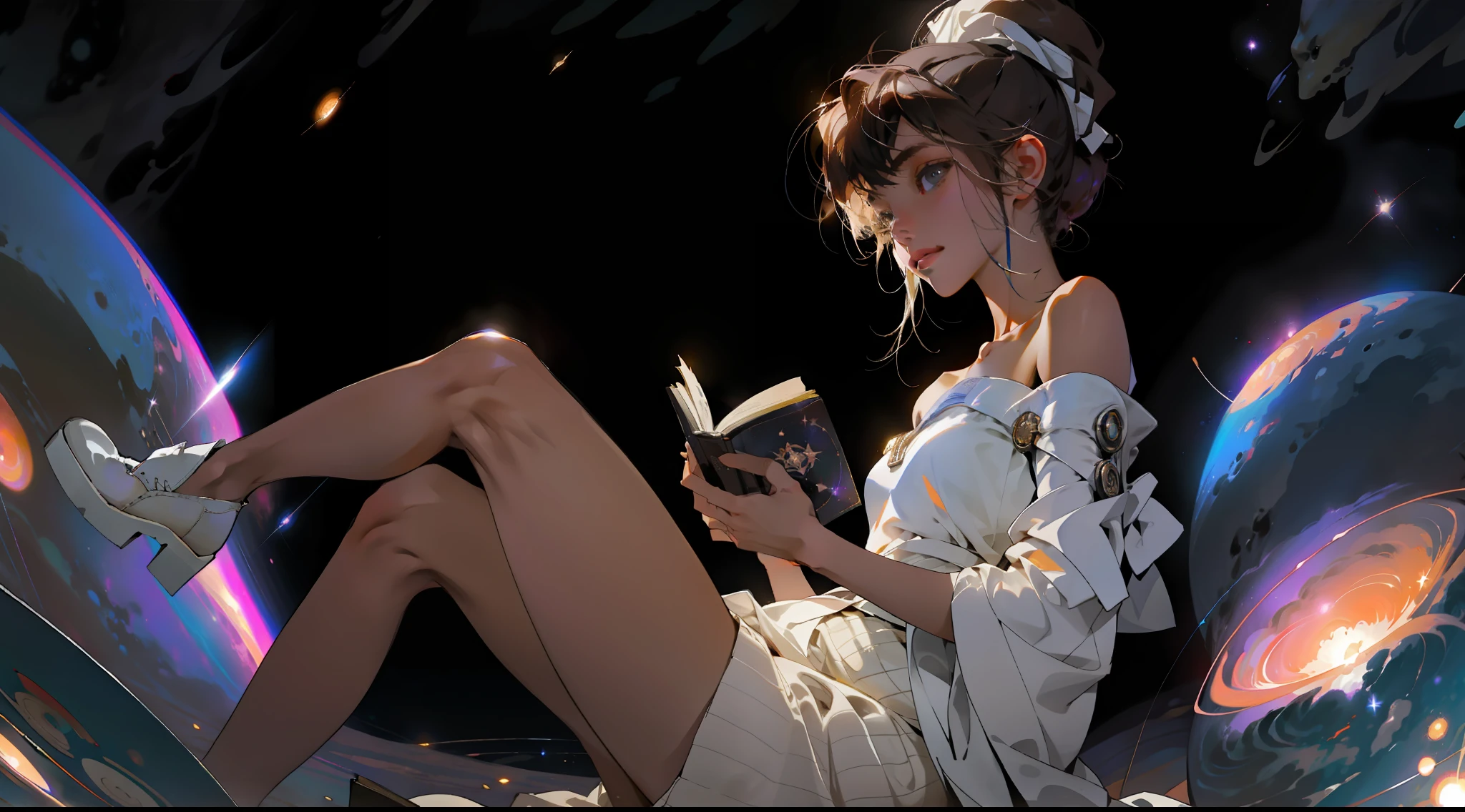 a sensual woman sitting in the stars and reading a book, cosmic nebula background