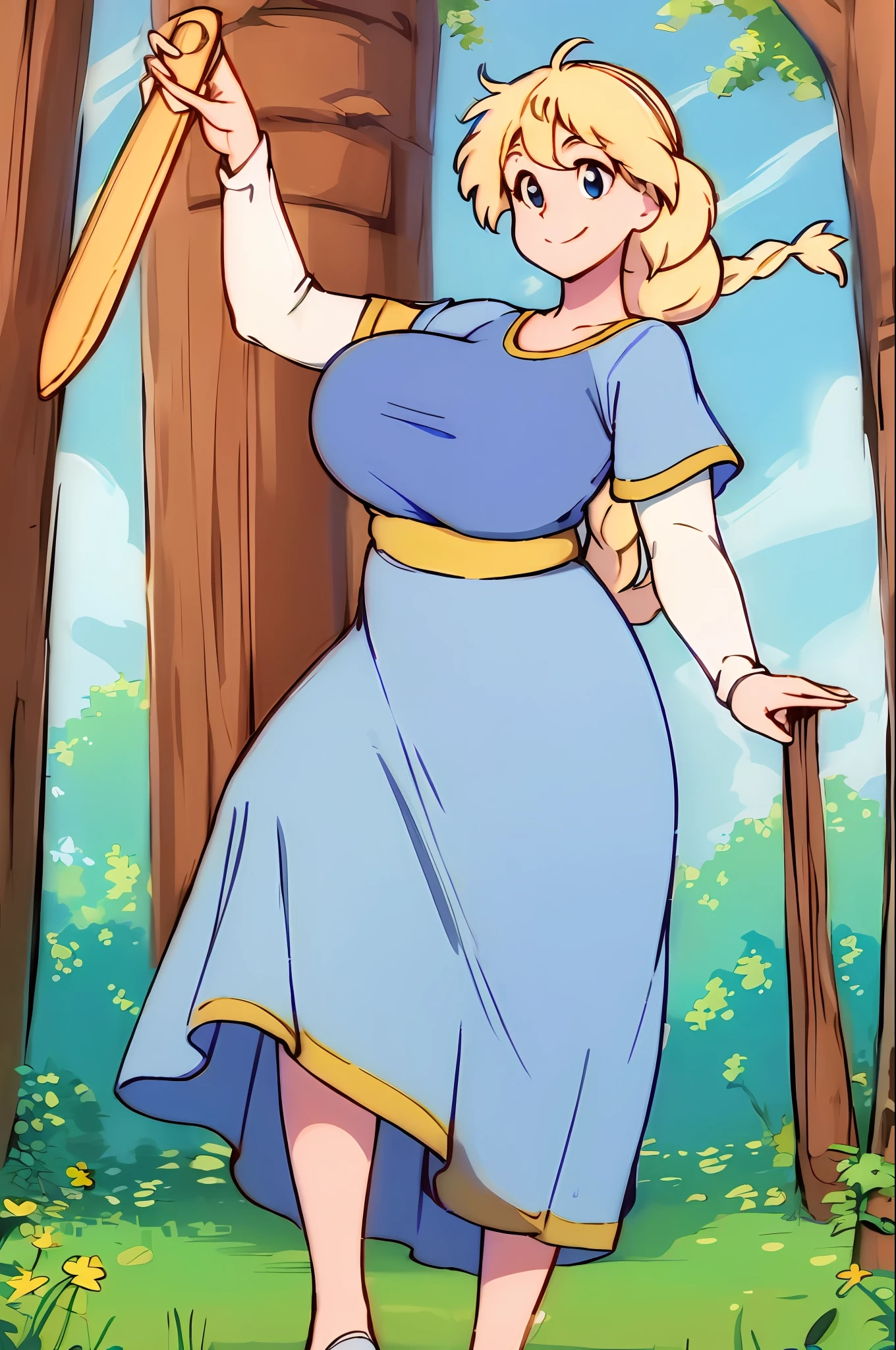 (masterpiece:1.4), (best qualit:1.4), (high resolution:1.4), princess calla, blue dress, white long sleves, single braid, outdoos, forest, smile, looking at viewer,, venus body, huge breast, curvy, mature, long skirt
