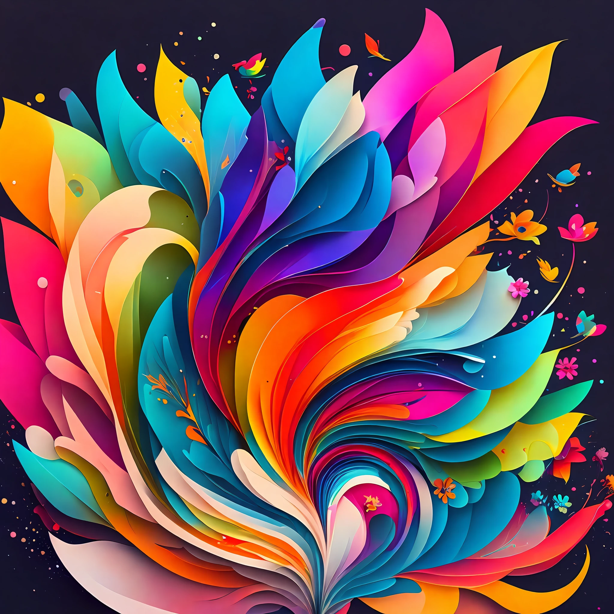 abstract rainbow  flower,birds, wallpaper, flat design style, splash water, colorful, intricate