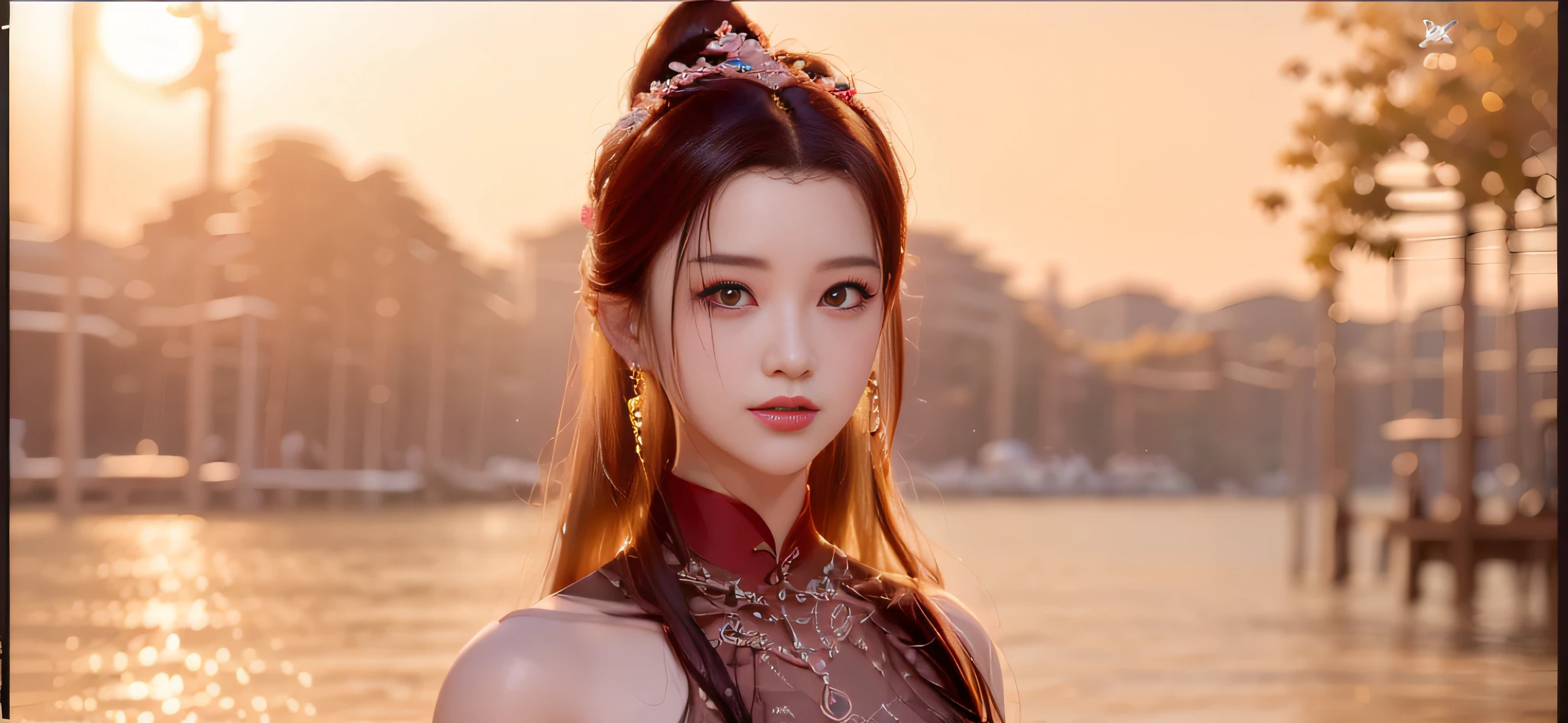 The image of Alafard of a woman in a red dress and earrings, Mu Yanling, Queen of the Sea, inspired by Shen Shizhen, inspired by Li Meishu, inspired by Huang Ji, inspired by Lan Ying, inspired by Qiu Ying, inspired by Ma Yuanyu, inspired by Wang Meng, full body fairy, inspired by Park Hua, 4K picture quality, PBR rendering, UE engine