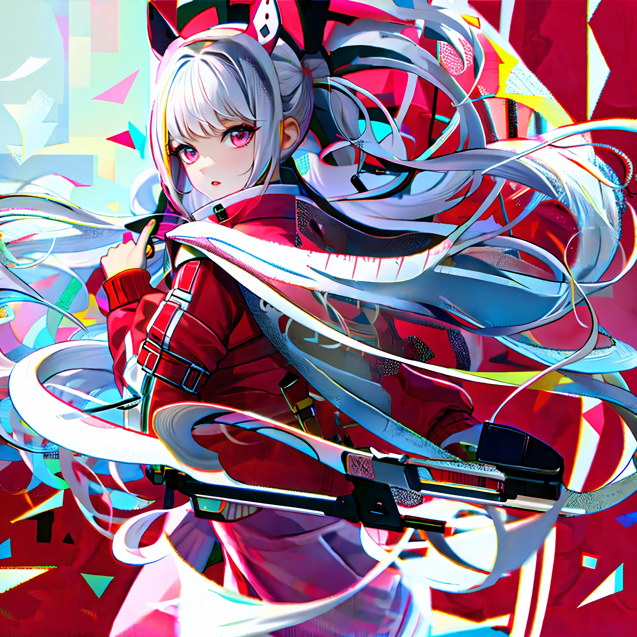 Cat lady, white hair, pink clothes, red knife, long hair, white silk