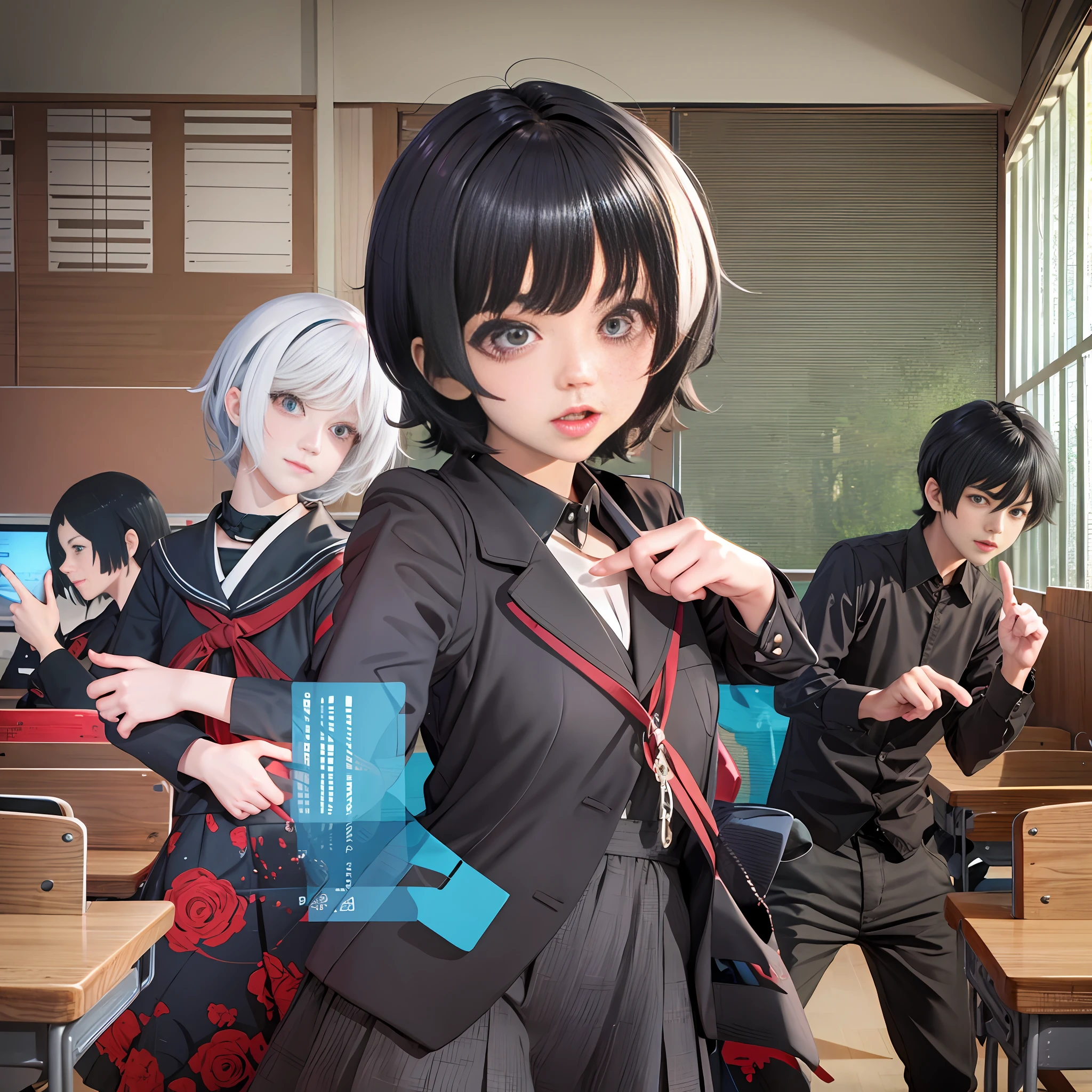 A short haired anime girl in classroom with black hair, open mouth, finger pointing at a white hair anime boy