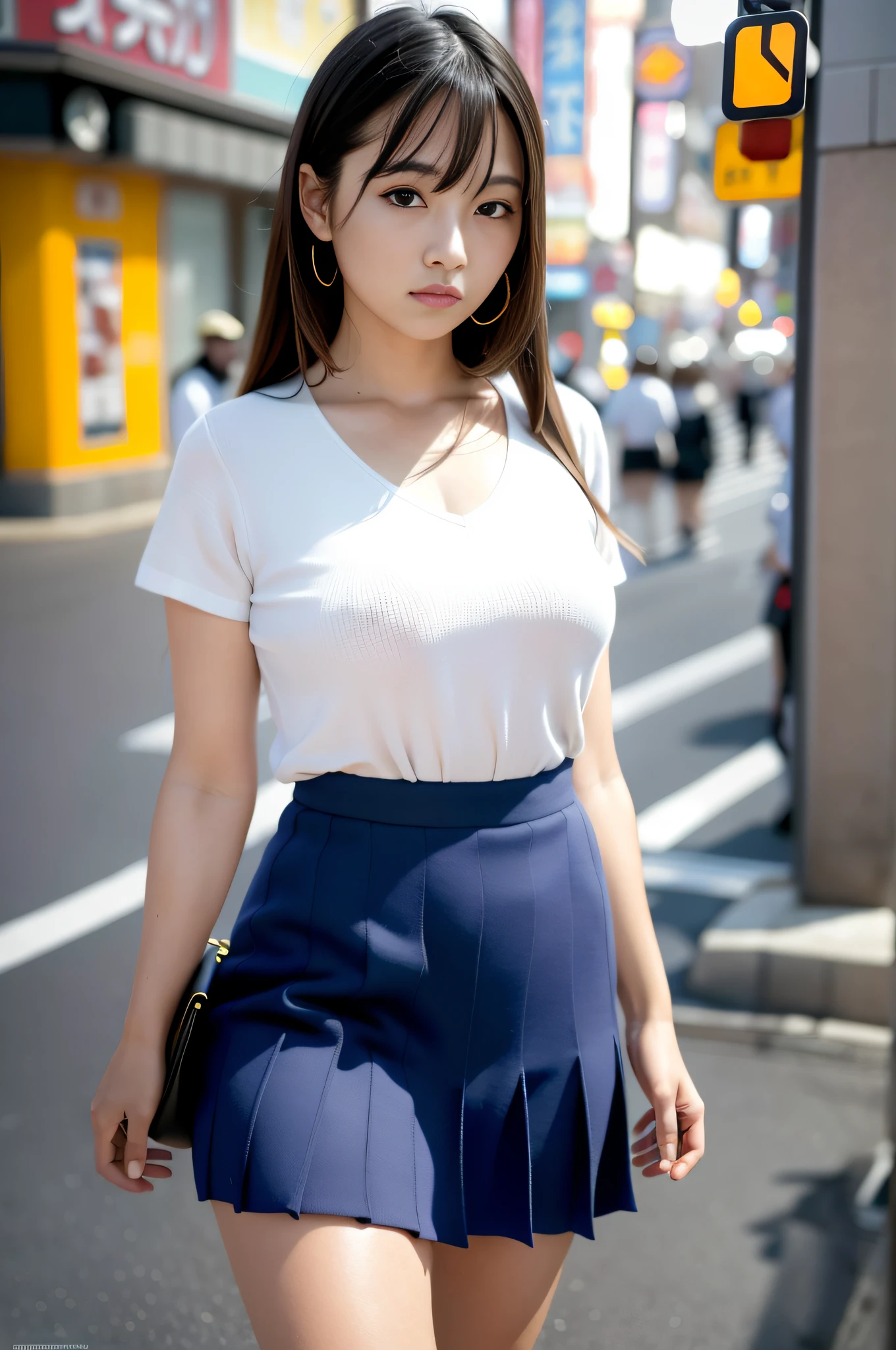 Ultra top quality, masterpiece, ultra high resolution, (photorealistic: 1.4), highly detailed CG Unity 8k wallpaper, detailed and complex, original, high resolution, raw photo, (perfect body shape), fine and complex, DSLR, soft lighting, high quality, film grain, depth of field, FUJIFILM XT3, 50mm lens, backlight, HDR, hyperreal, color grade, dynamic pose, portrait, Japan person, smile, lips, bangs, (crowded akihabara: 1.2), front view viewer, natural light, girl, 20 years old, full body, solo, student, high school, uniform, sailor color, bobby socks, pleated skirt, daytime, on the street, deep shadow, cute, beauty, discreet, cold light 12000K\\ street, store status, Akihabara, Shinjuku, Shibuya, Ikebukuro, detailed realistic, detail, skin texture, ultra detailed, realistic skin texture, (dramatic, award-winning photos, incredible masterpieces: 1.3)