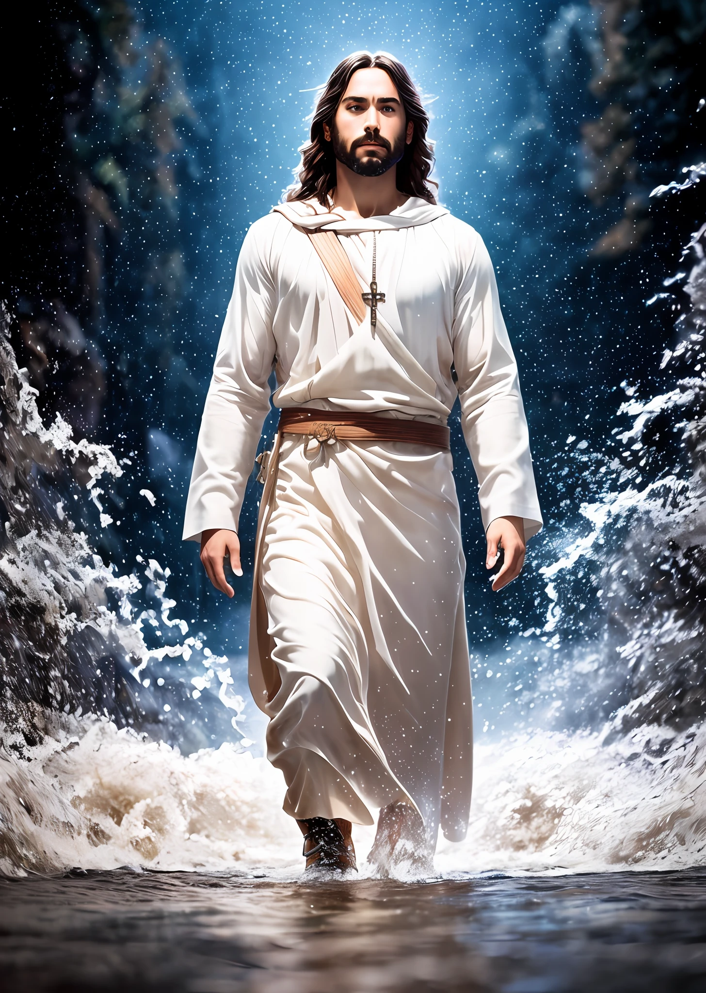 Jesus walking on water in a storm, gentle expression, streaks of light coming down from the sky, masterpiece, highest quality, high quality, highly detailed CG unit 8k wallpaper, award-winning photos, bokeh, depth of field, HDR, bloom, chromatic aberration, realistic, very detailed, trending at artstation, trending at CGsociety, complex, high detail, dramatic, mid-journey art, volumetric lighting