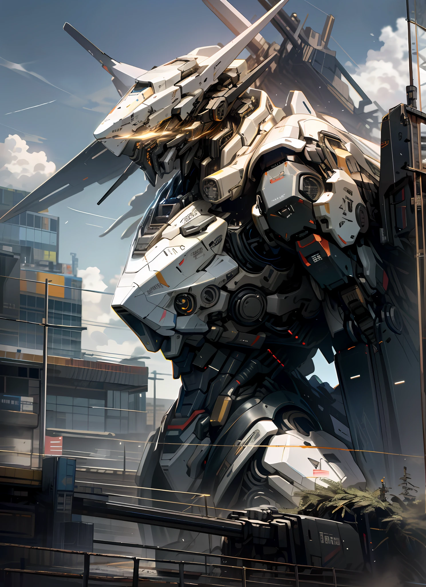 sky, cloud, holding_weapon, no_humans, glowing, , robot, building, glowing_eyes, mecha, science_fiction, city, realistic,mecha
