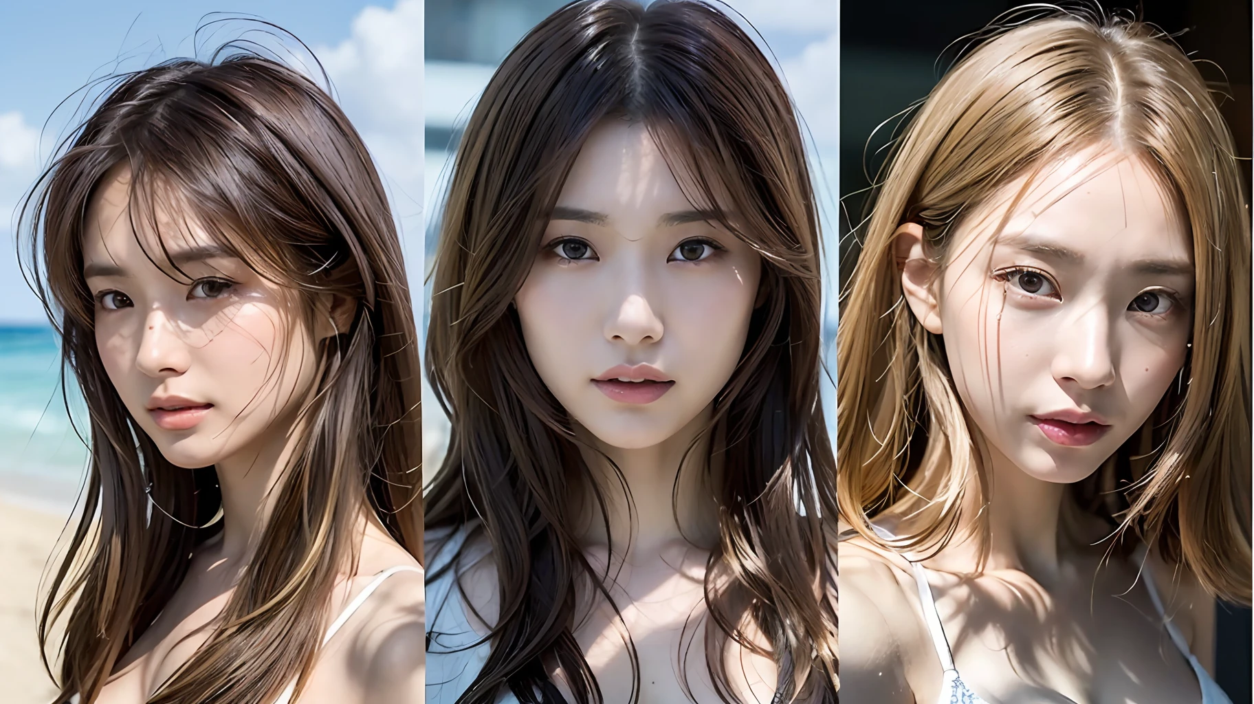 ((highest quality, 8k, masterpiece: 1.3)), 5 women (all wearing white bikinis, Korean with long brown hair, Japan with black hair princess cut, Taiwanese with light brown color bob cut, Chinese with brown hair medium hair, Japan with blonde layered haircut), blue sea in the background, facing forward, refreshing smile, evenly spaced side by side, looking at the viewer, upper body close-up, overhead camera, Sharp Focus: 1.2, Cute Women: 1.4, Highly detailed face and skin and hair texture, wet textured hair, wet body, detailed eyes, double eyelids, white skin, beautiful legs, beautiful delicate nose, cute young, pleasant to the eyes, while highlighting the subject's hair, eyes, mouth, action, while exuding melancholy emotions, characterized by a contrasting mix of calm tones and light and shadow, It is a thought-provoking composition.