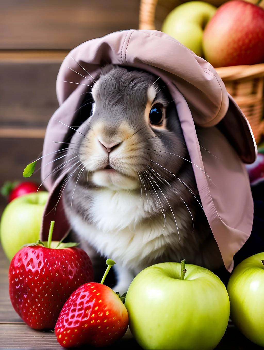 : 3. Rabbit, realistic, hairy, dressed beast, apple, dark circles, blush, cherry, food, fruit, whole body, hat, non-human, strawberry, tomato, watermelon