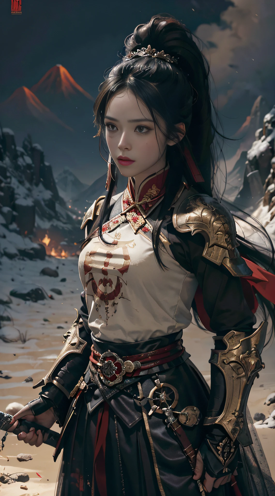 (Positive Focus), (In the Dark: 1), (Best Quality), Movie Poster, Highly Detailed, 8k Wallpaper, Volume Lighting, Dynamic Lighting, A Girl, Long Black Hair, Ponytail, Black Metal Armor, Red Belt, Black Armor, Shoulder Armor, Waist Guard, Hand Guard, Veil, Holding a Long Sword in front of Body, Ancient Chinese Style, Battle Stance, Lots of Blood, Blood Stains on Face, Clothes Damaged, Ancient Chinese Battlefield, Ancient Chinese Soldiers, Arrows Flying, War, Night, Dramatic Composition, Sword qi surrounding, rich picture detail, war, movie lighting,