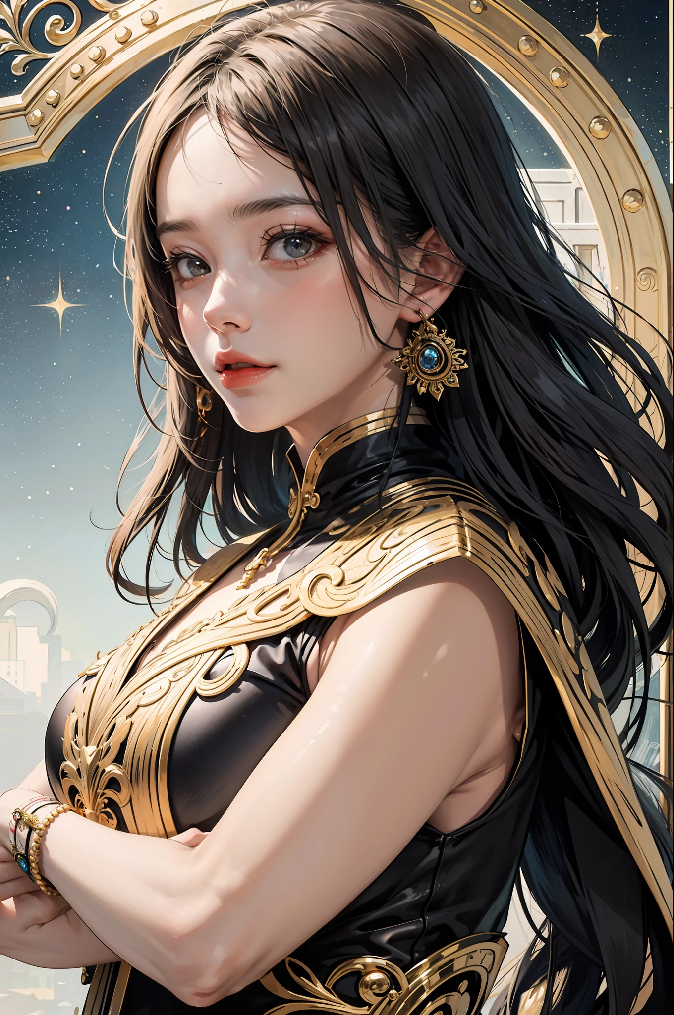 PerfectNwsjMajic,(masterpiece, top quality, best quality, official art, beautiful and aesthetic:1.2), (1girl), extreme detailed,colorful,highest detailed, official art, unity 8k wallpaper, ultra detailed, beautiful and aesthetic, beautiful, masterpiece, best quality, (zentangle, mandala, tangle, entangle) ,holy light,gold foil,gold leaf art,glitter drawing,