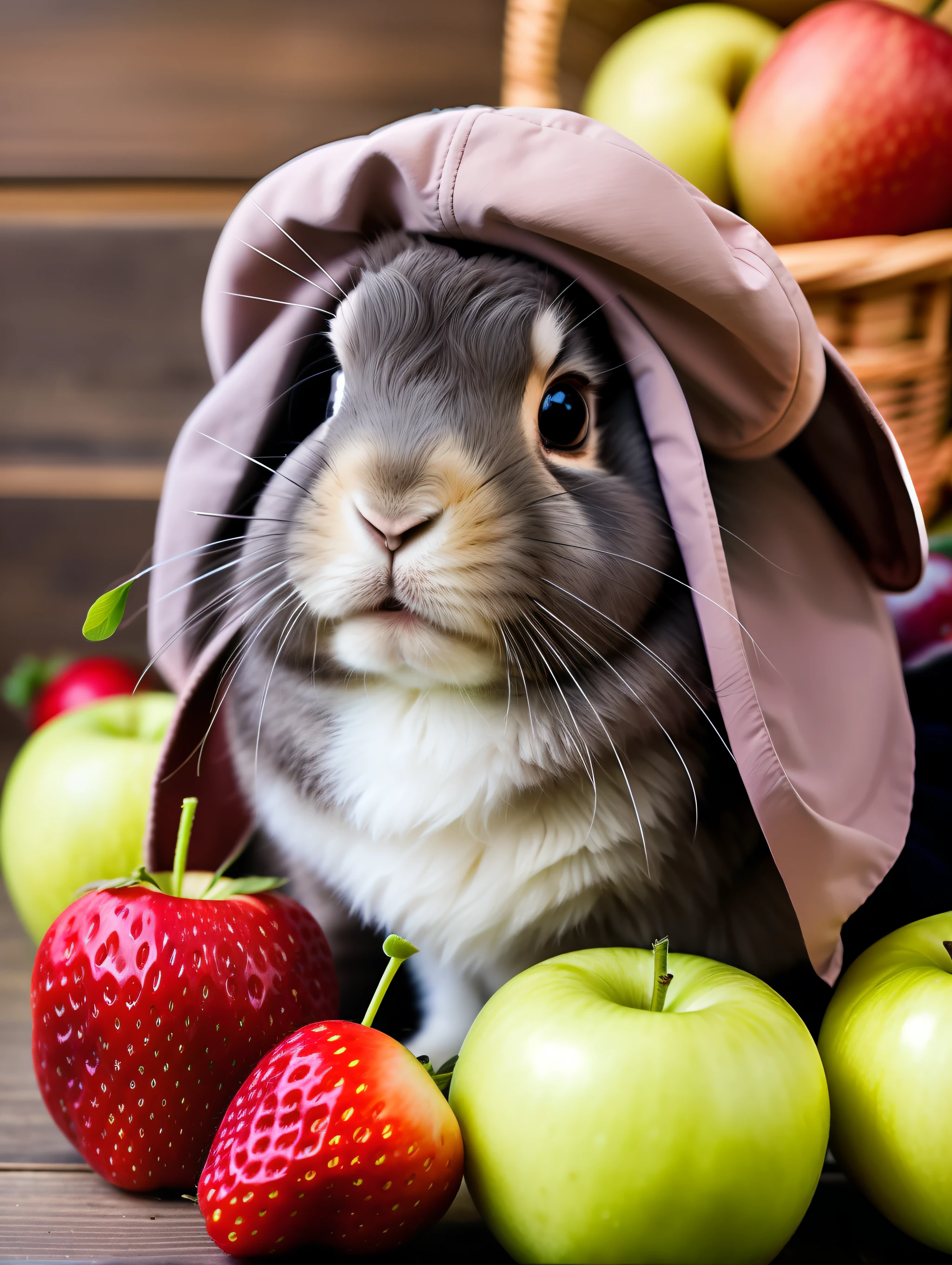 : 3. Rabbit, realistic, hairy, dressed beast, apple, dark circles, blush, cherry, food, fruit, whole body, hat, non-human, strawberry, tomato, watermelon