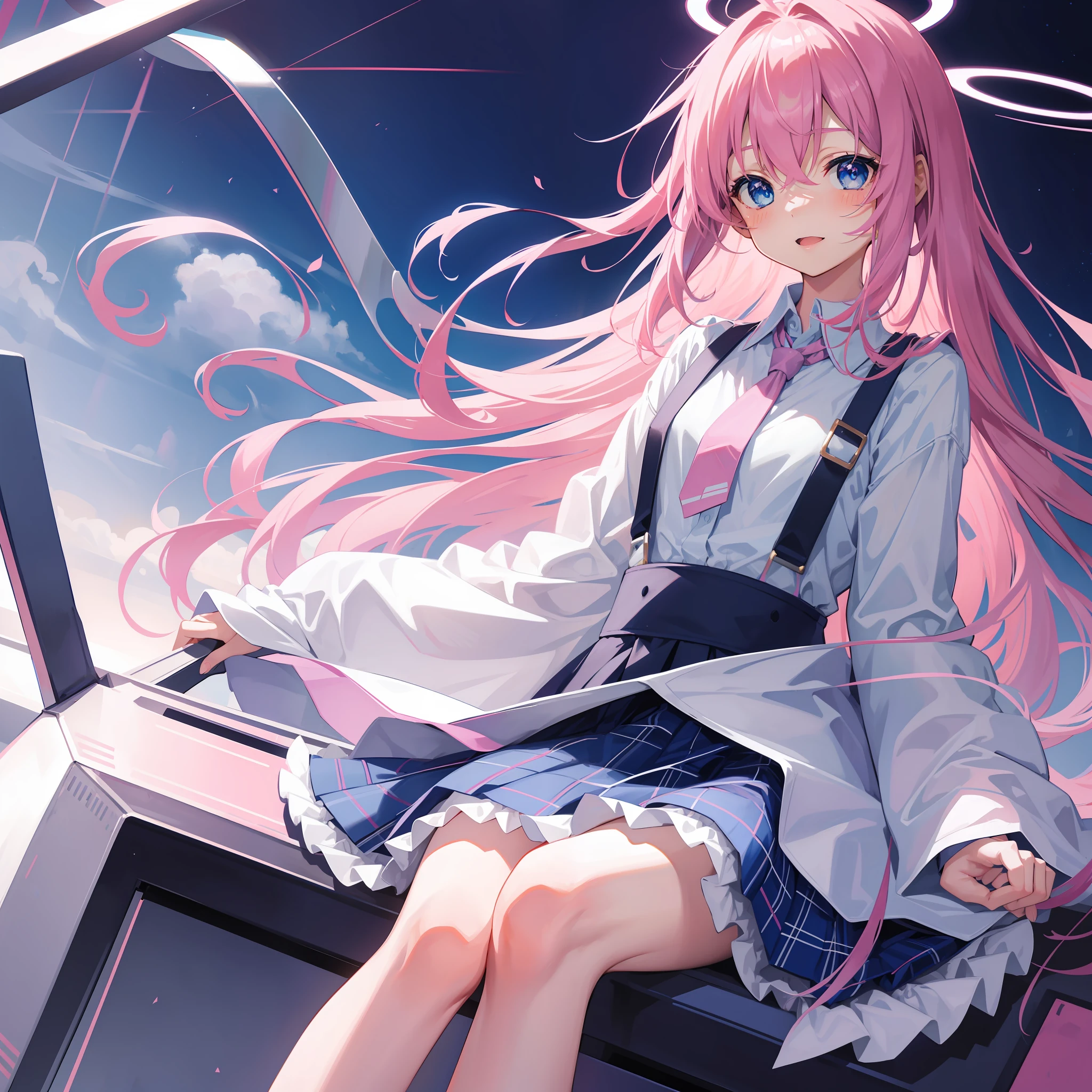 Hoshino (Blue Archive), solo, heterochromia, pink hair, skirt, long hair, tie, ahoge, shirt, halo, plaid skirt, blue eyes, plaid , looking at the audience, white shirt, sitting, orange eyes, chest strap, suspenders, long sleeves, ID card, open mouth, very long hair, collared shirt, smile, blue tie, bangs, feet out of the frame, between legs, hands between legs, blush, hair between eyes, high resolution, masterpiece, best quality, young girl, , flat chest, Flat-chested, flat-chested