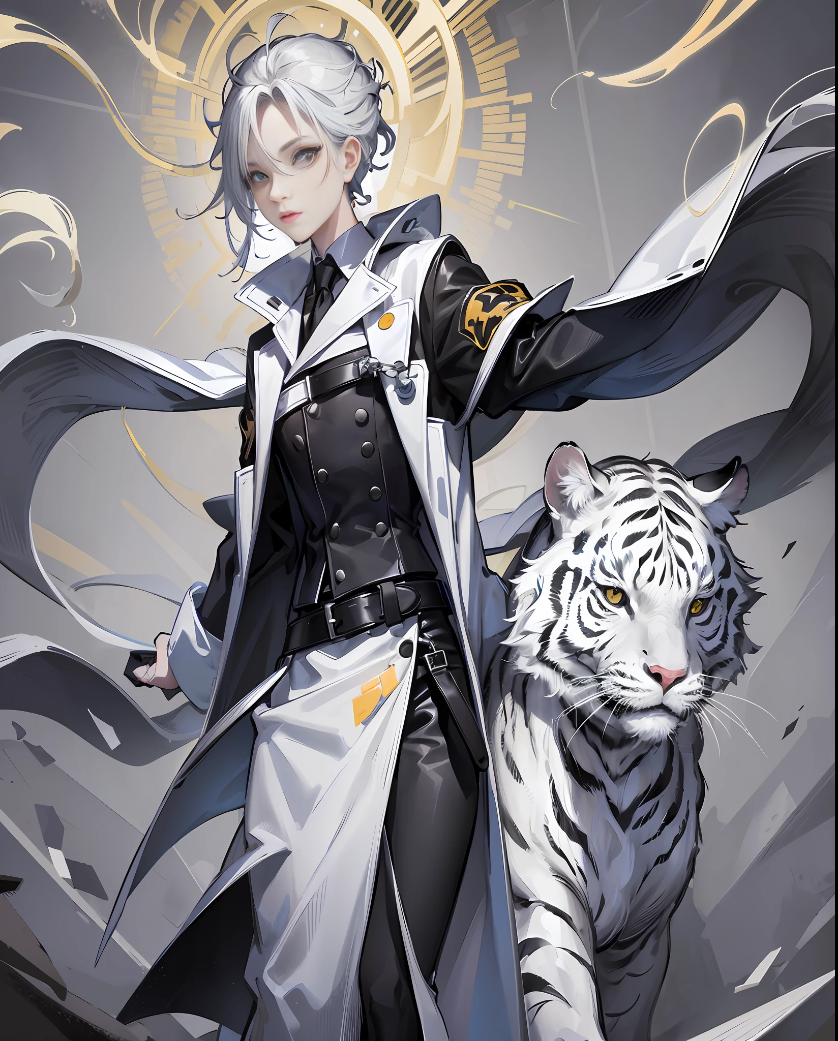 Wearing a doctor's white coat with a black collared sweater underneath, black slacks, followed by a white tiger wrapped around thunder and lightning, the background is wasteland style, cartoon --auto --s2