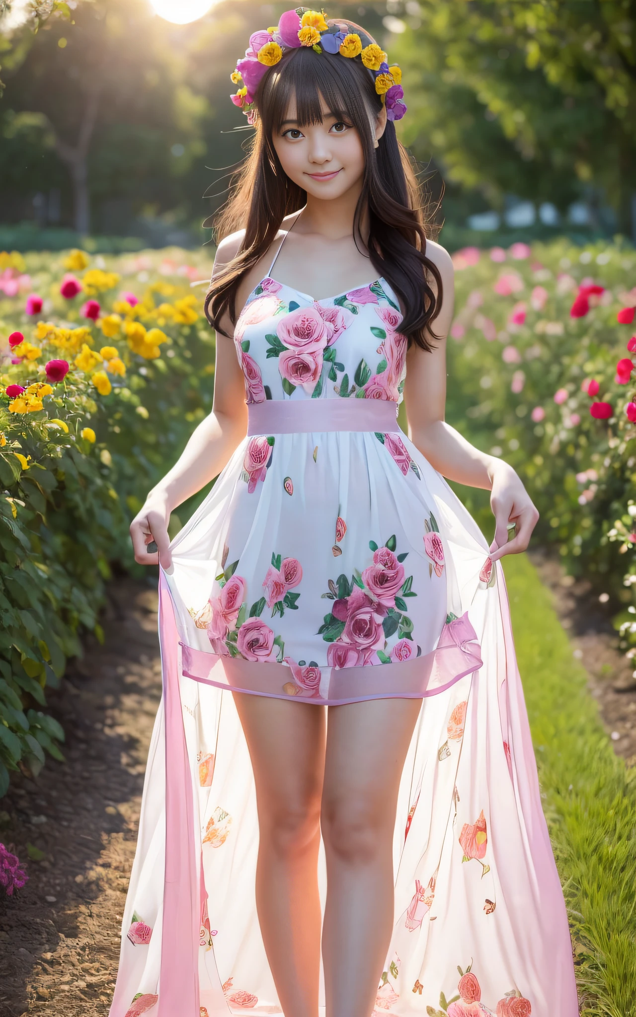 Full body photo,((((Slim body)))),20 years old, twilight rays, rose print slip dress, flower crown, ((Tokugawaen)), rose front bokeh, bokeh, photorealistic, surrounded by colorful roses, ((((smiling)))))), (1 girl), (sunset:1.3), (8k, RAW photo, best quality, masterpiece:1.2), (realistic, photorealistic:1.37), Best Quality, Ultra High Definition, (Standing in the Flower Garden:1.3), (Vibrant and Colorful:1.3)