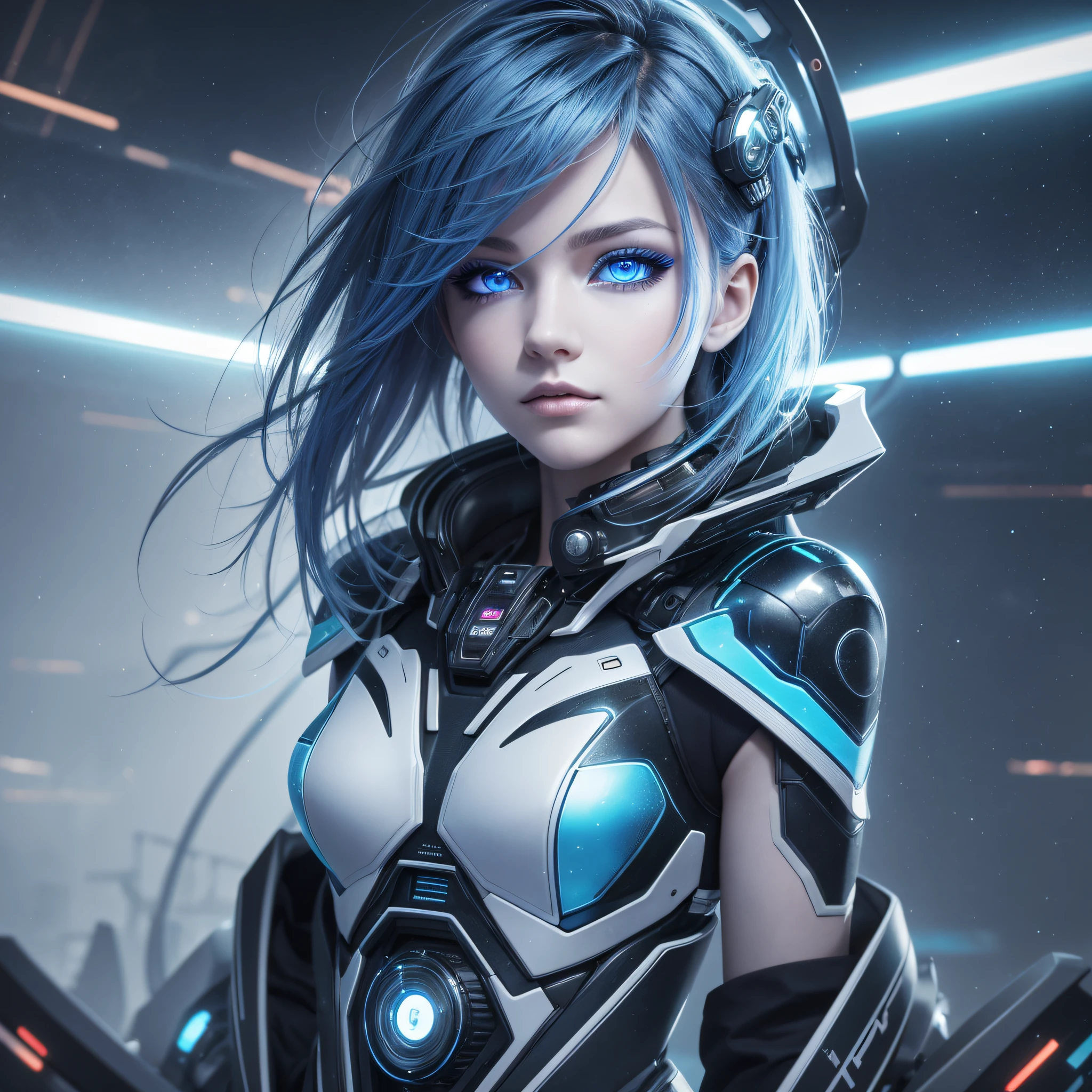 [best quality, ultra-detailed CG art: 1.2], floating, mysterious scene, phosphorecent lights, shrouded in mist, techpunk aesthetic, androgynous figure, beautiful eyes, cybernetic makeup, vibrant hair: phosphorecent blue, embedded with circuits, electric blue stripes, dynamic pose, bright environment, energy distortion, ptercodactyl, night sky. --auto --s2