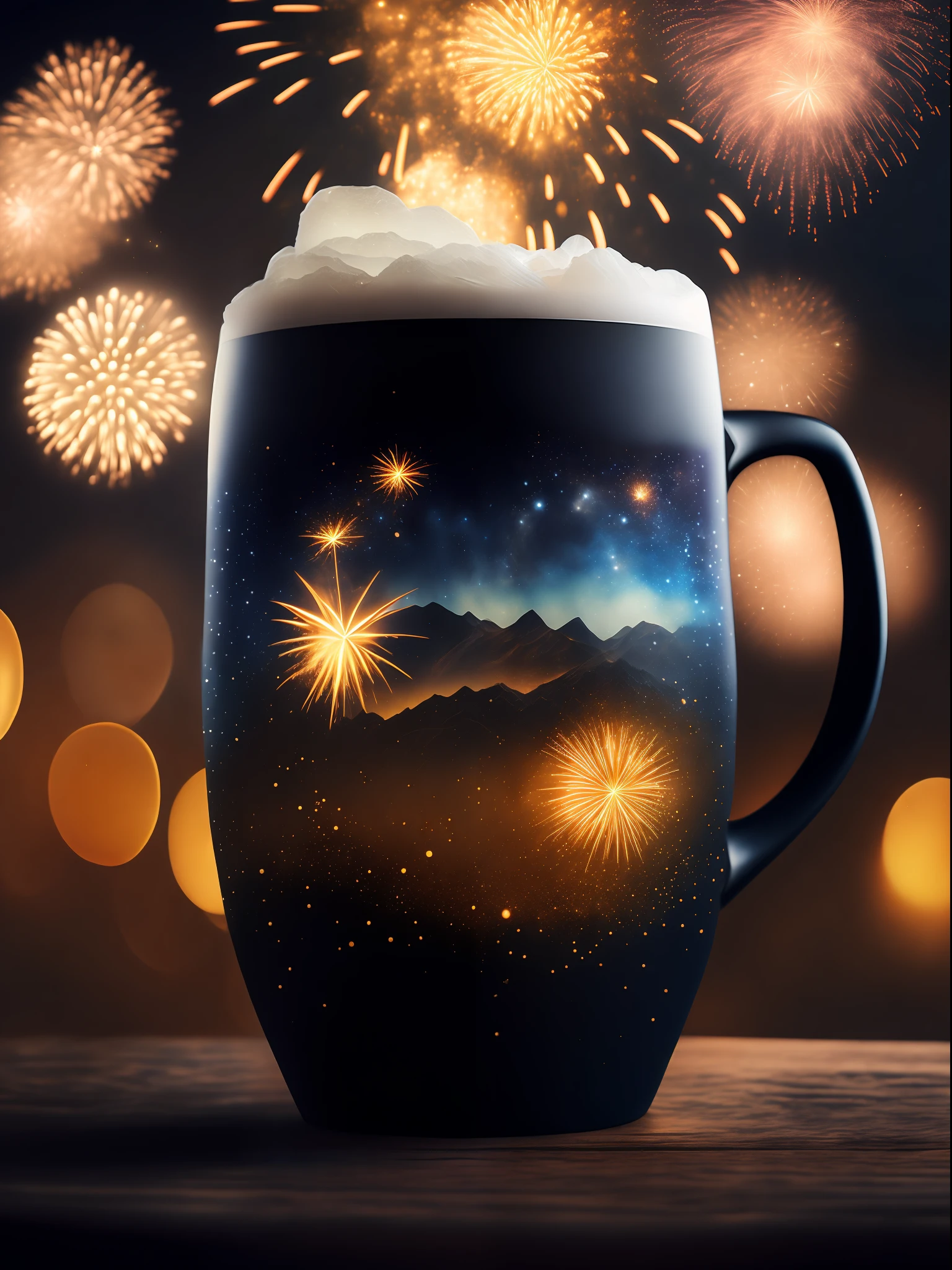 (Masterpiece), Science Fiction, Professional Photography, Octane Rendering, Ultra Realistic, Dynamic Composition, Photography, Sharp Focus, Bokeh (8K, Best Quality, Masterpiece: 1.2), (Realistic, Photorealistic: 1.37), Ultra Detail, Photo Quality, Beer Mug Up, Festival, Night Shop, Fireworks, Japan, Warm Lights