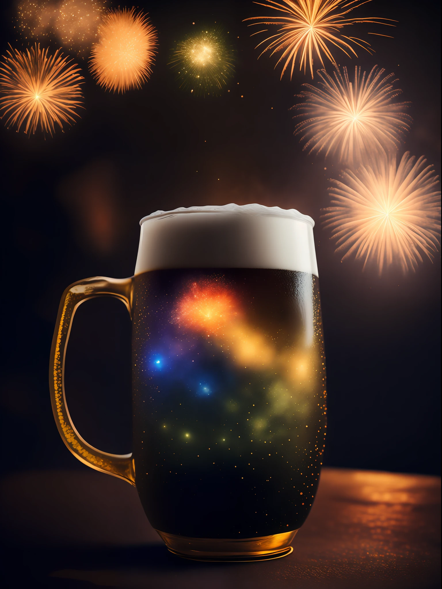 (Masterpiece), Science Fiction, Professional Photography, Octane Rendering, Ultra Realistic, Dynamic Composition, Photography, Sharp Focus, Bokeh (8K, Best Quality, Masterpiece: 1.2), (Realistic, Photorealistic: 1.37), Ultra Detail, Photo Quality, Beer Mug Up, Festival, Night Shop, Fireworks, Japan, Warm Lights