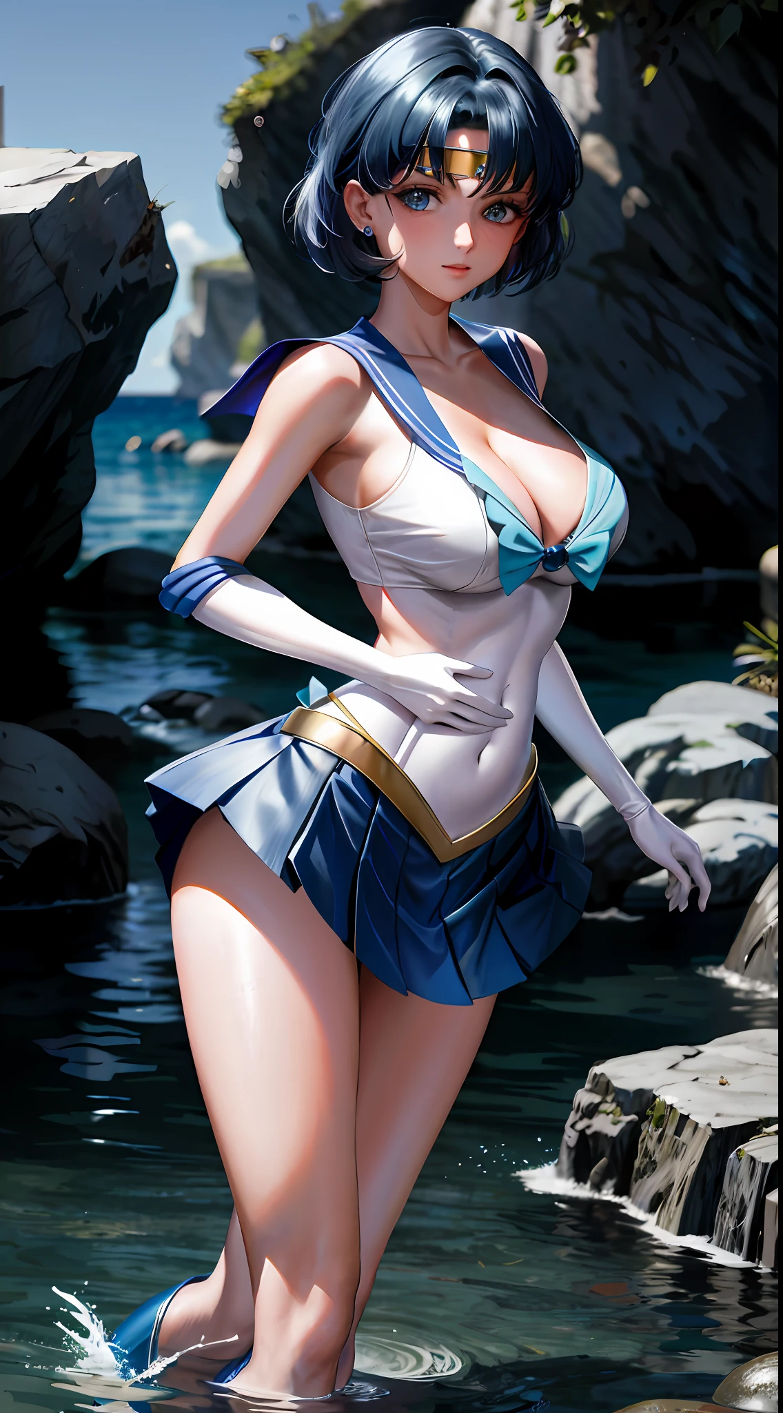 Masterpiece, Best Quality, High Resolution, Mer1, Headdress, Sailor Warrior Uniform, Blue Skirt, (Navel: 1.2), Blue Sailor Collar, Headdress, Medium Tits, Cleavage, (Leaking Belly Button: 1.2), Leaking Abdomen, (Slim Figure), (Perfect Body Proportions), Sexy, (Lifting Skirt Leaking White Panties), Knee-High Boots, Collar, White Glove, Blue Collar, Elbow Gloves, Jewelry, Earrings, Pleated Skirt, Denim Shooting, Outdoor, Sea, Seaside, Standing in Water, Face, Glow