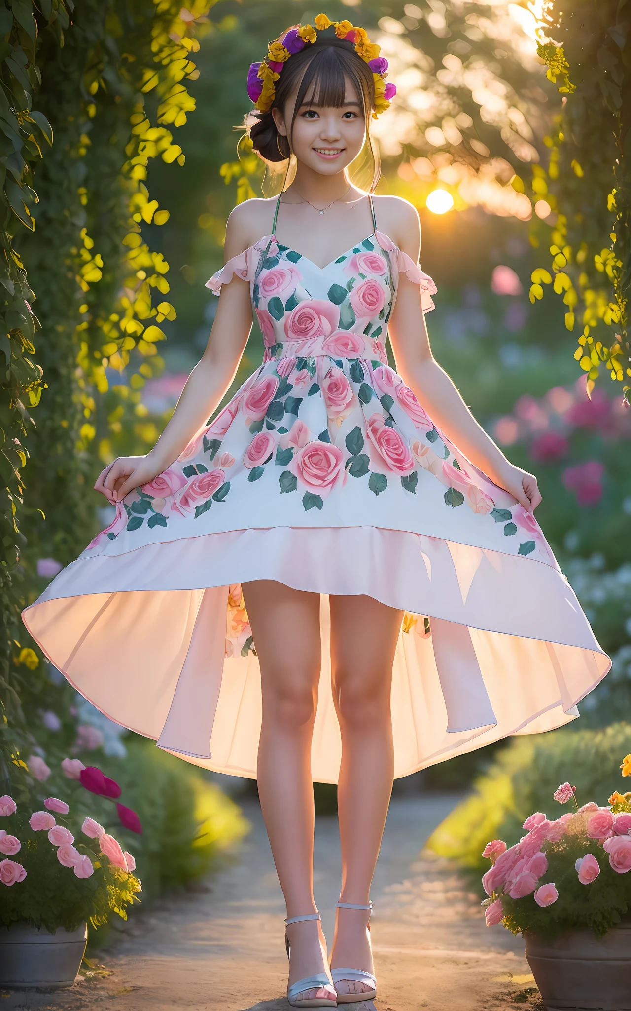 Full body photo,(((Slim body)))),20 years old, twilight rays, rose-patterned underwear, flower crown, (((Tokugawa-en)), rose foreground bokeh, bokeh, photorealistic, surrounded by colorful roses,((((smiling)))),(1 girl), (sunset:1.3), (8k, RAW photo, best quality, masterpiece:1.2), (realistic, photorealistic:1.37), best quality, Ultra High Definition,(Standing in a Flower Garden:1.3), (Vivid and Colorful:1.3)