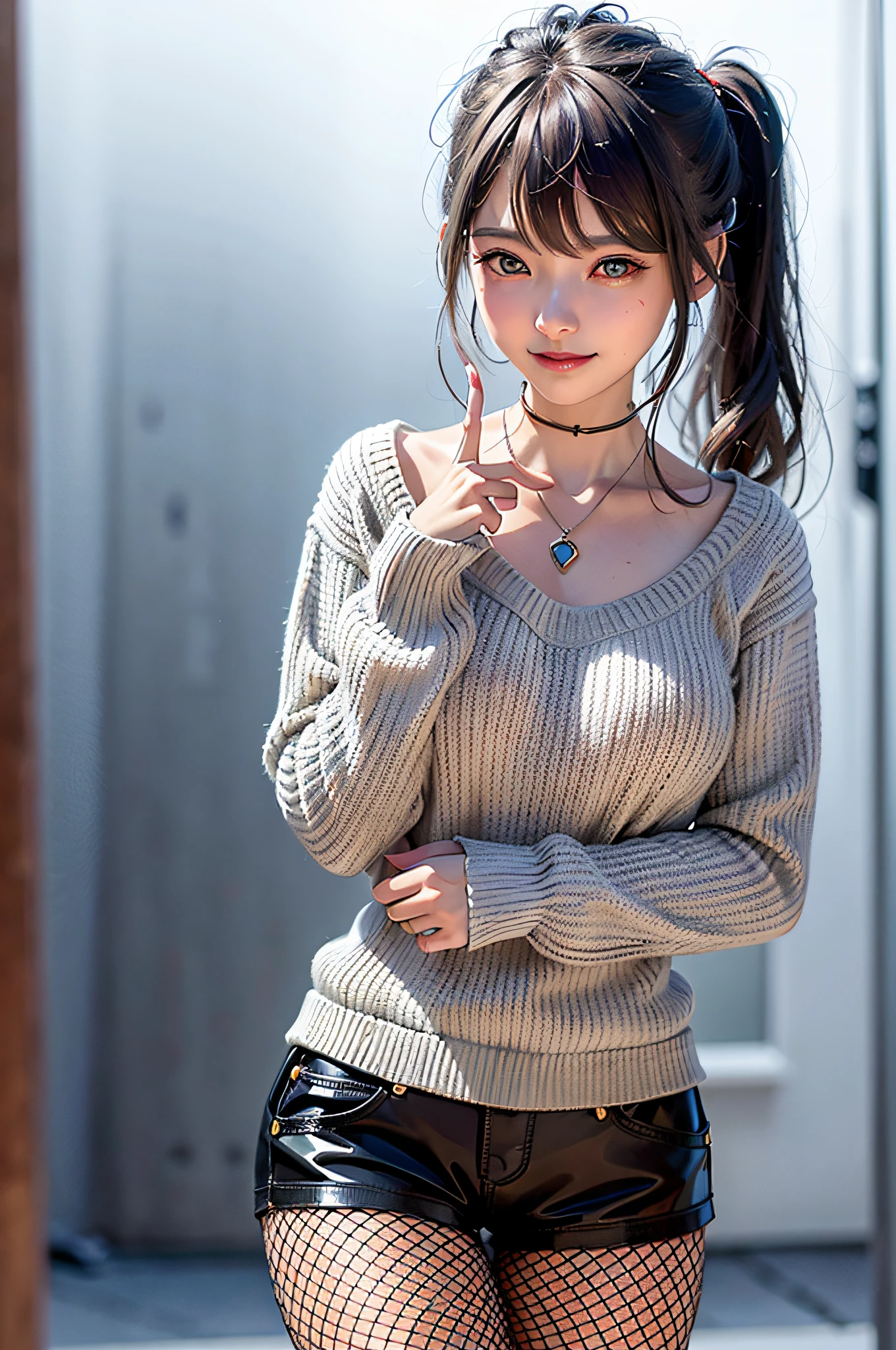 1girl,masterpiece,highest quality,futao (genshin impact),butao,ponytail,brunette,solo,symbol pupil,long hair, finger heart, bangs, black shorts,(highly detailed CG unity 8k wallpaper), (masterpiece), (top quality), (super detailed), (best illustration), (best shadow), (realistic:1.4), 1girl on street, Kpop idol, ((very oversized sweater, button sweater, open sweater), (gray hair:1.1), collarbone, (middle breast: 1.3), viewer, smile, whole body, (latex clothes, Latex tights, soft smile, smooth texture of clothes),