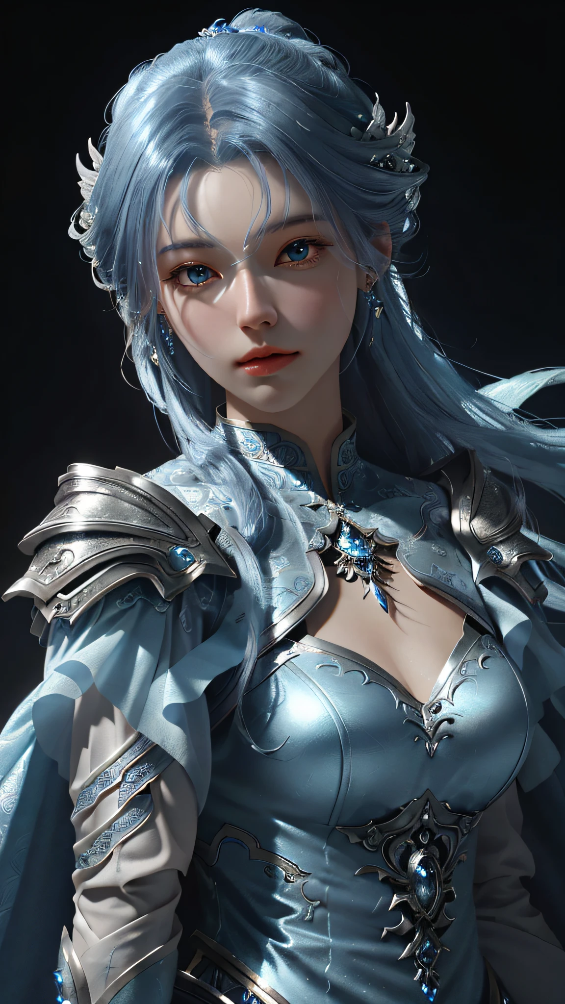 a close up of a woman in a silver and blue dress, chengwei pan on artstation, by Yang J, detailed fantasy art, stunning character art, fanart best artstation, epic exquisite character art, beautiful armor, extremely detailed artgerm, detailed digital anime art, artgerm on artstation pixiv, armor girl
