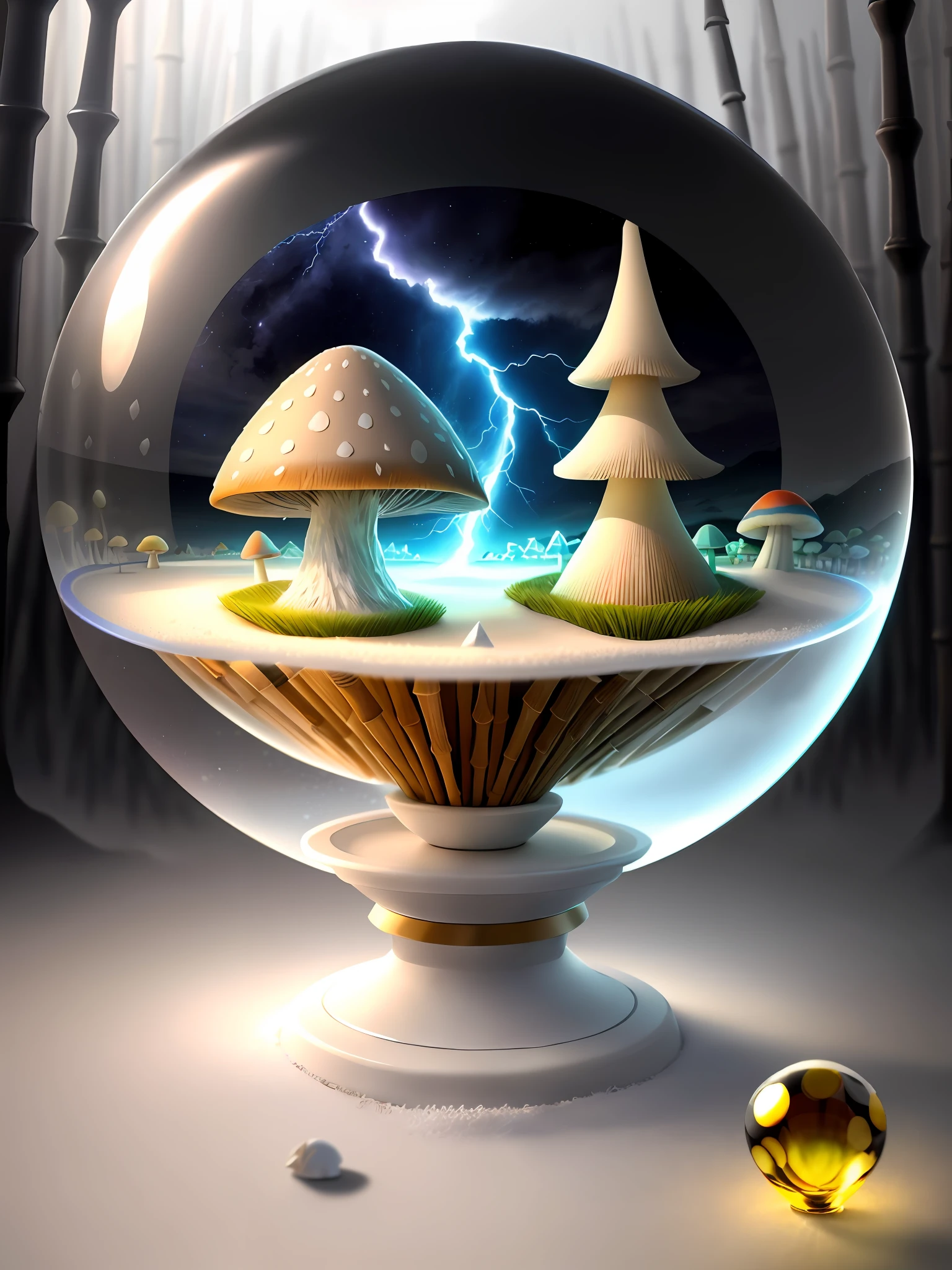 Ultra-realistic, 16K high resolution, (Max Sharp Focus: 1.3), (Max Close-up: 0.5), (Mushroom trapped in a crystal ball with pedestal vs Bamboo Shoot Millennium War: 1.7), (Storm, lightning, fantastic fog, white sand, shining light: 1.3)