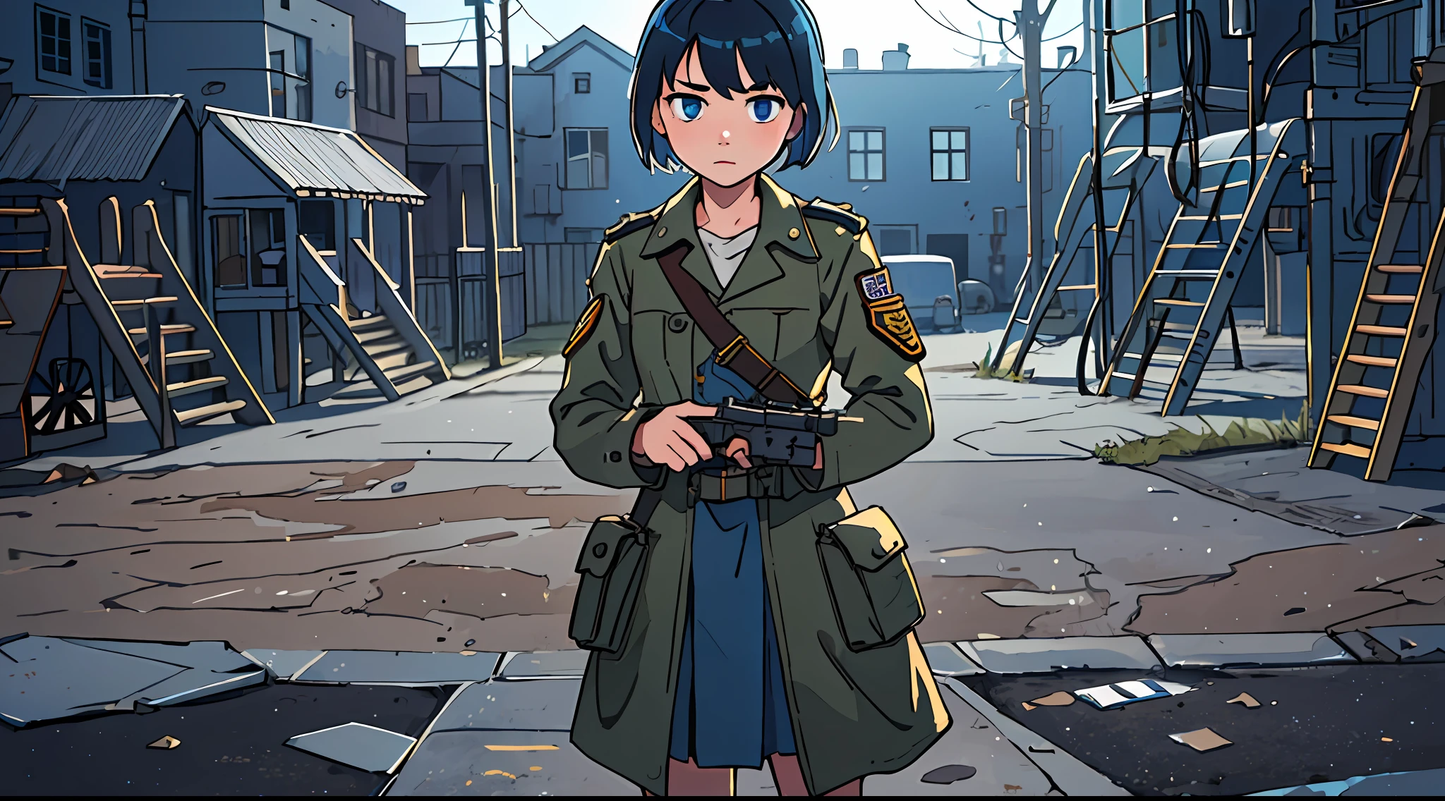 Highest quality, full body detail, golden ratio, (dramatic lighting: 0.7), masterpiece, high angle shot, RAW photo (pale 14 year old female with short hair, looking up at viewer), cute, (in tattered military uniform, disheveled), (standing on the playground), full body portrait, perfect face, stunning eyes, vivid details, (highly detailed skin), freckles, sfw, (blue tint:0.6), (dirty:0.8), (bloody: 0.7 ), key lighting, (backlighting: 0.5), depth of field, Canon 5D, 50mm lens, F/4 aperture, (super detail, intricate detail), sharp focus, soft colors, 8k, consciously, 8mm film grain, war photography