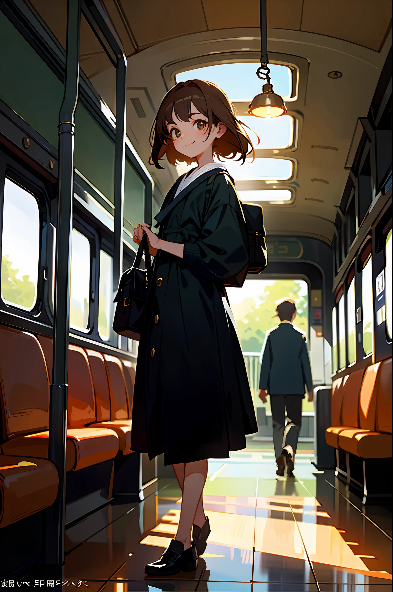 (A masterpie、the highest quality:1)、Super Detailed、cinematic lighting、tram、beautiful girls、Chinchin Train、passenger car、tram、Stay、timetable、Ticket、brown Hair、Detailed face、beautiful faces、beautiful eye、From the Side、Sunlight、Slim body、Smaller bag、Beautiful smile、Beautiful girl with full body、clean detailed faces、simple clothes、glowing shadows、