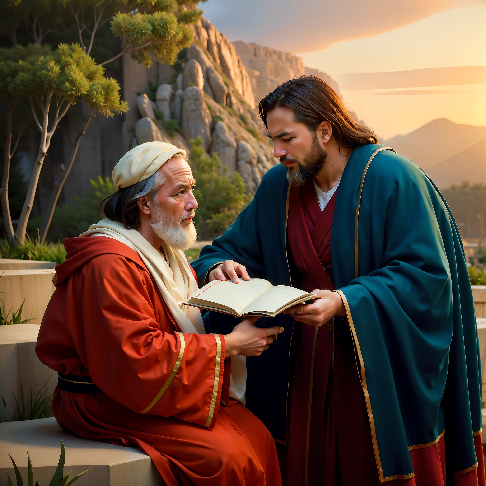 Two men, Jesus Christ and another, light robes, Jerusalem environment, Cinematic lighting, depth of field, bokeh, realism, photorealistic, hyperrealism, professional photography, uhd, dslr, hdr