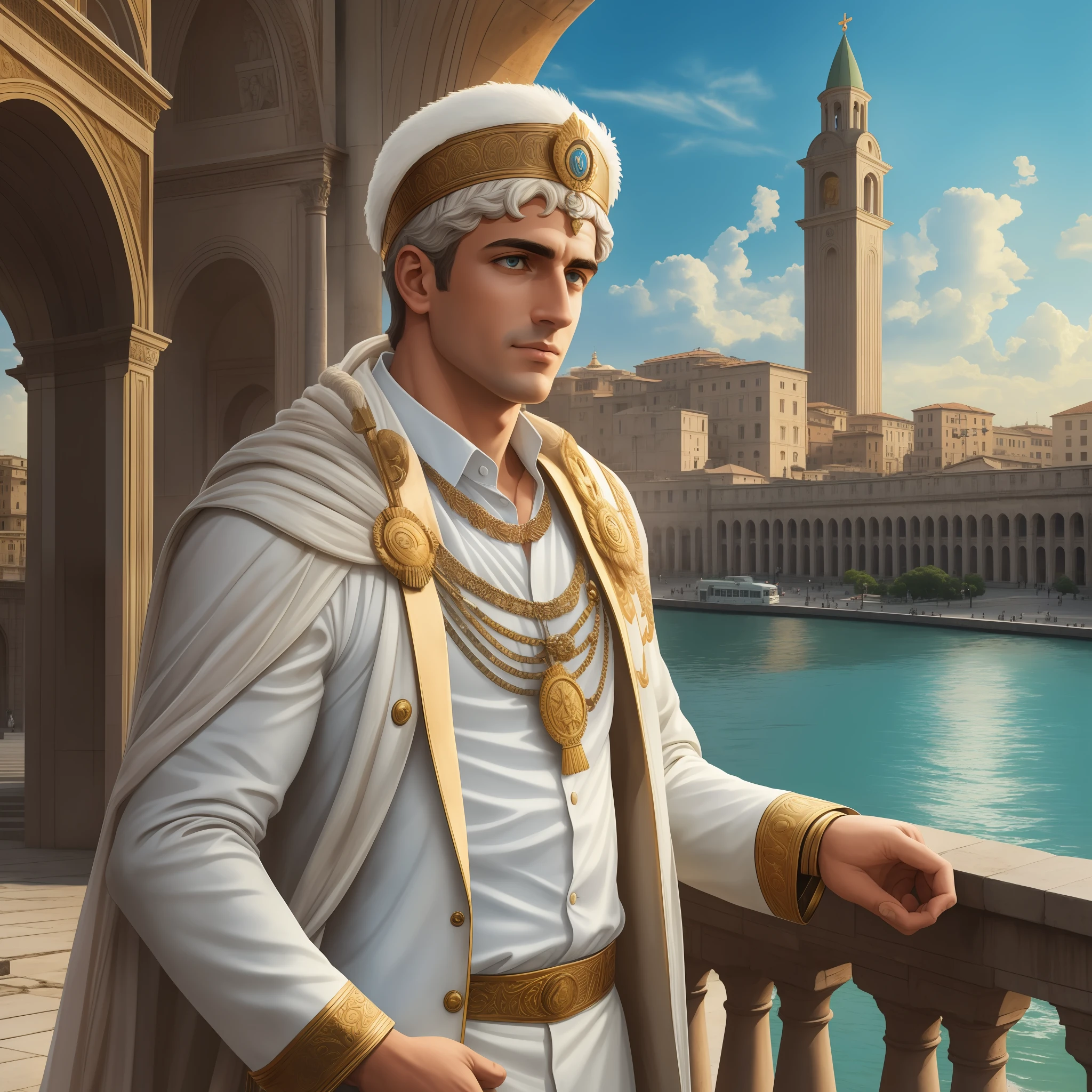 Top quality, high definition, masterpiece, the second coming of the Roman emperor Constantine the Great, mature youth, independent youth, adult, white suit, light blue shirt, world-famous journalist, travelogue, eyes like a lion, bright shining eyes, piercing sharp eyes, tall, strong body, deep smile, reliable, Constantine Square background, on the bridge of Constantine, Landscapes with carefully drawn details.