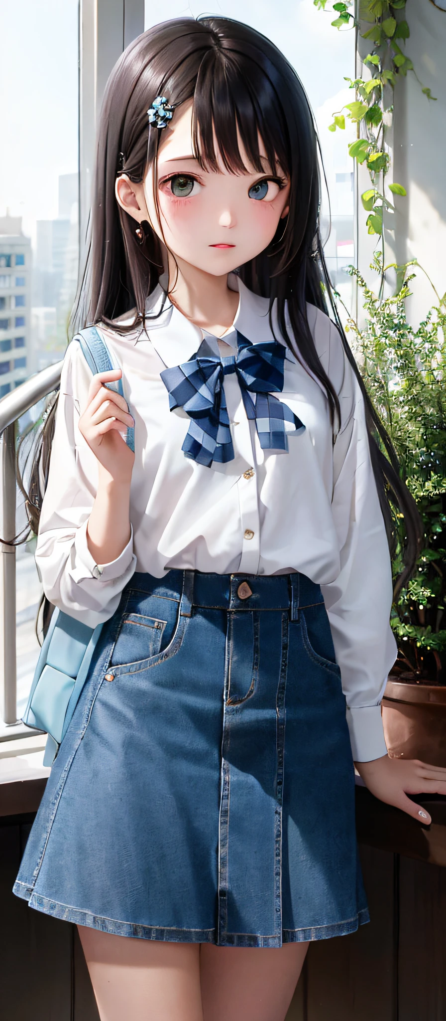 1girl, (masterpiece:1.1), (best quality:1.1), (white blouse:1.1), (plaid skirt:1.1), school uniform, high waisted skirt, BREAK [blue:pink:0.5] theme, (Urban Background: 1.1), denim lens, BREAK, long hair, green eyes, delicate headdress, sideways,