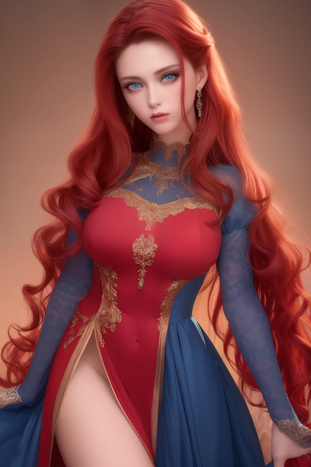 A masterpiece,high quality,ultra hd , one hot model , blue eyes , double eyelids , full detailed face , face upon body , blushing , focus and look in front of camera , curly light red hair medium length ,  medium breast size , wear full doll length princess dress , colourful cenemetic background, two tone lighting, realistic , hyperlistic .