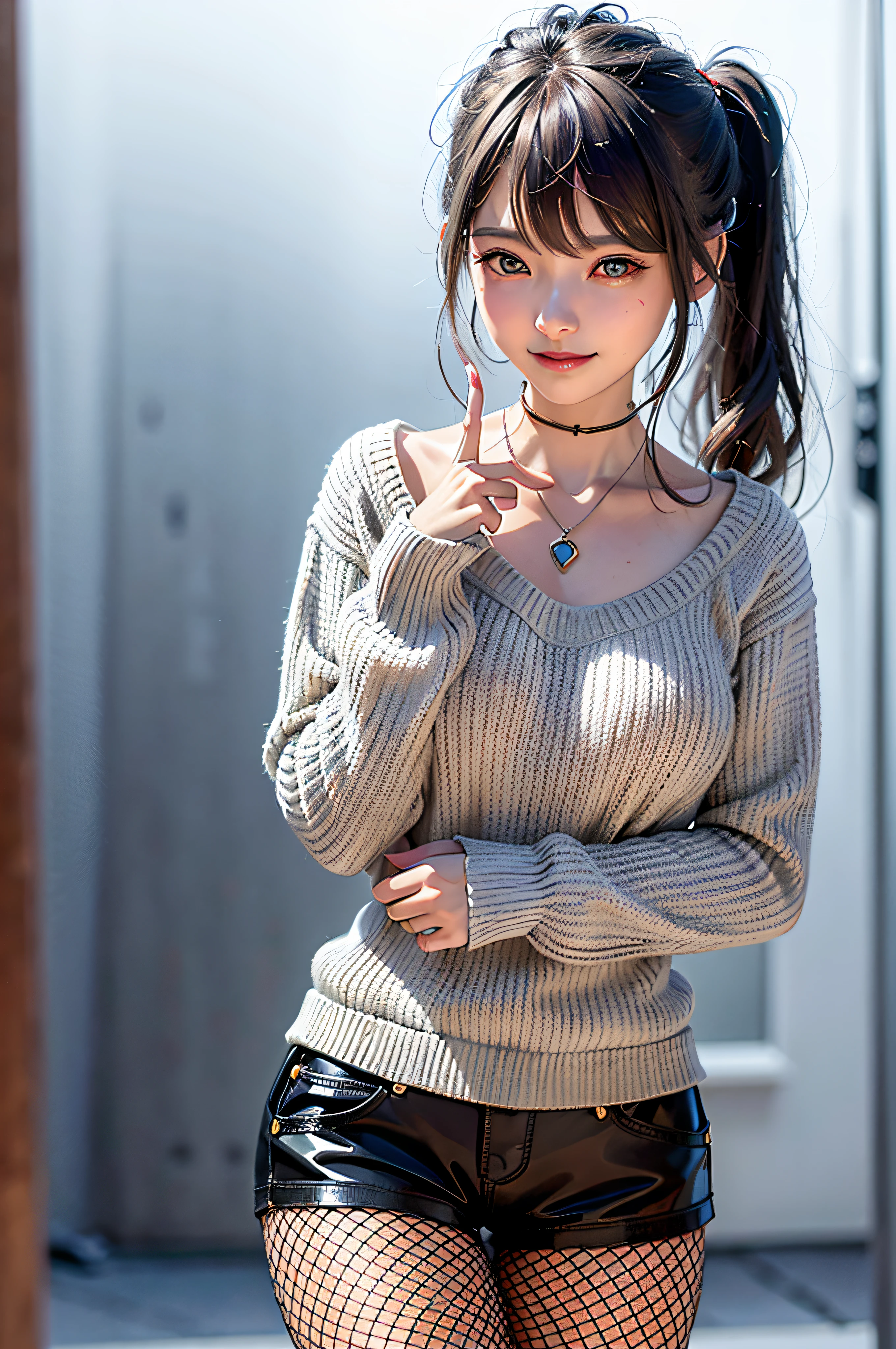 1girl,masterpiece,highest quality,futao (genshin impact),butao,ponytail,brunette,solo,symbol pupil,long hair, finger heart, bangs, black shorts,(highly detailed CG unity 8k wallpaper), (masterpiece), (top quality), (super detailed), (best illustration), (best shadow), (realistic:1.4), 1girl on street, Kpop idol, ((very oversized sweater, button sweater, open sweater), (gray hair:1.1), collarbone, (middle : 1.3), viewer, smile, whole body, (latex clothes, Latex tights, soft smile, smooth texture of clothes),