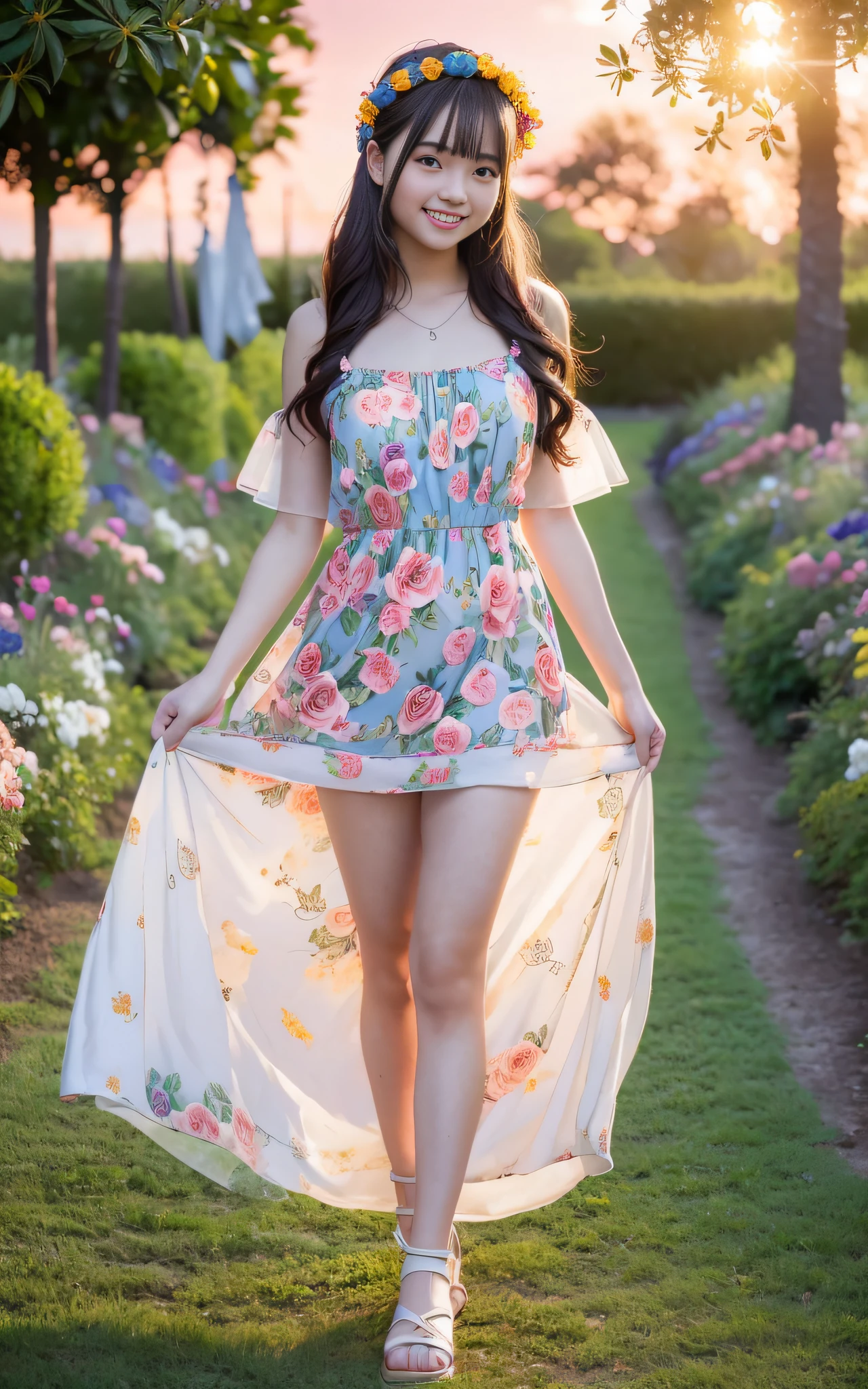 Full body photo,((((Slim body)))),20 years old, twilight rays, rose print slip dress, flower crown, ((Tokugawaen)), rose front bokeh, bokeh, photorealistic, surrounded by colorful roses, ((((smiling)))))), (1 girl), (sunset:1.3), (8k, RAW photo, best quality, masterpiece:1.2), (realistic, photorealistic:1.37), Best Quality, Ultra High Definition, (Standing in the Flower Garden:1.3), (Vibrant and Colorful:1.3)