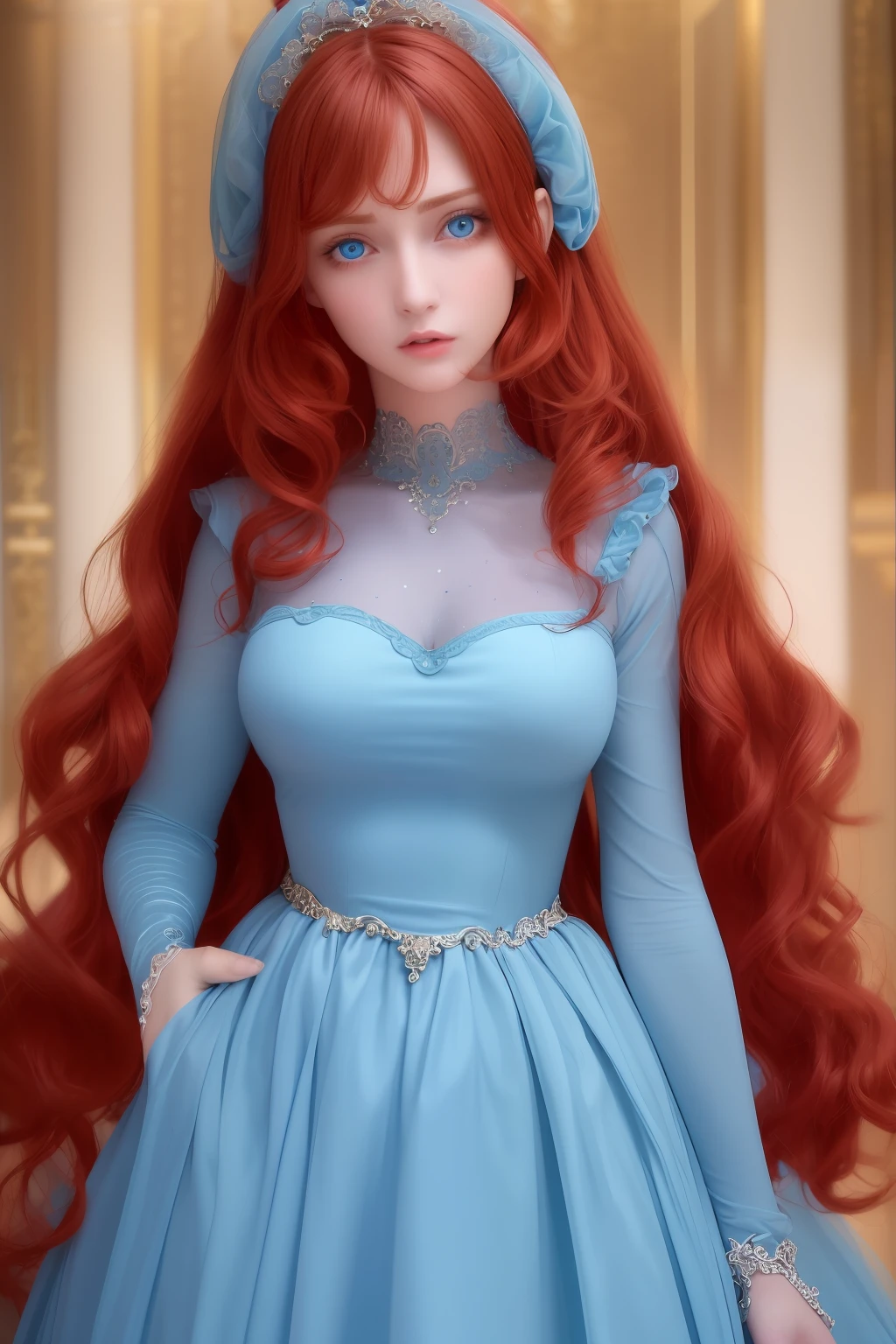 A masterpiece,high quality,ultra hd , one hot model , blue eyes , double eyelids , full detailed face , face upon body , blushing , focus and look in front of camera , curly light red hair medium length ,  medium breast size , wear full doll length princess dress , colourful cenemetic background, two tone lighting, realistic , hyperlistic .