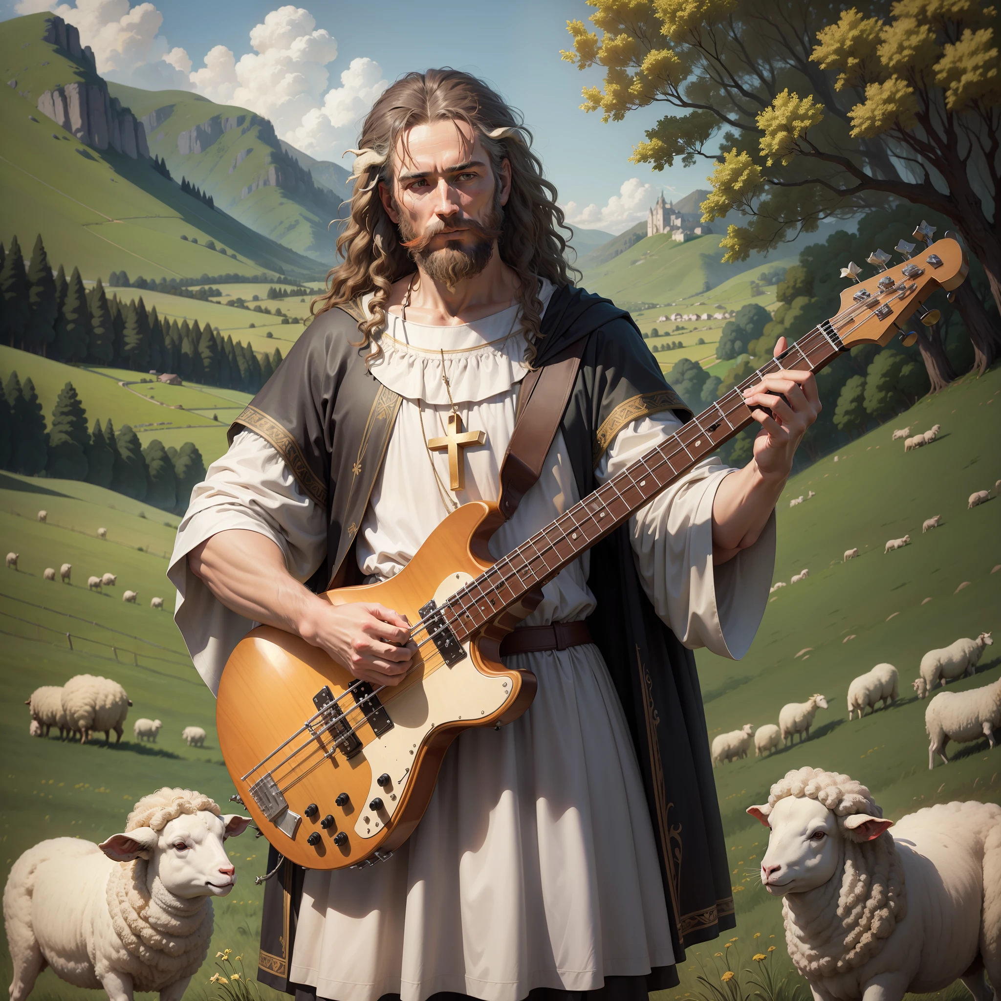 (( St. John the Baptist )), catholic saint, standing, playing a bass guitar, a sheep next to him, field of grass in the background,bokeh, in renaissance painting style,warm light, detailed, 4k, cinematic,
