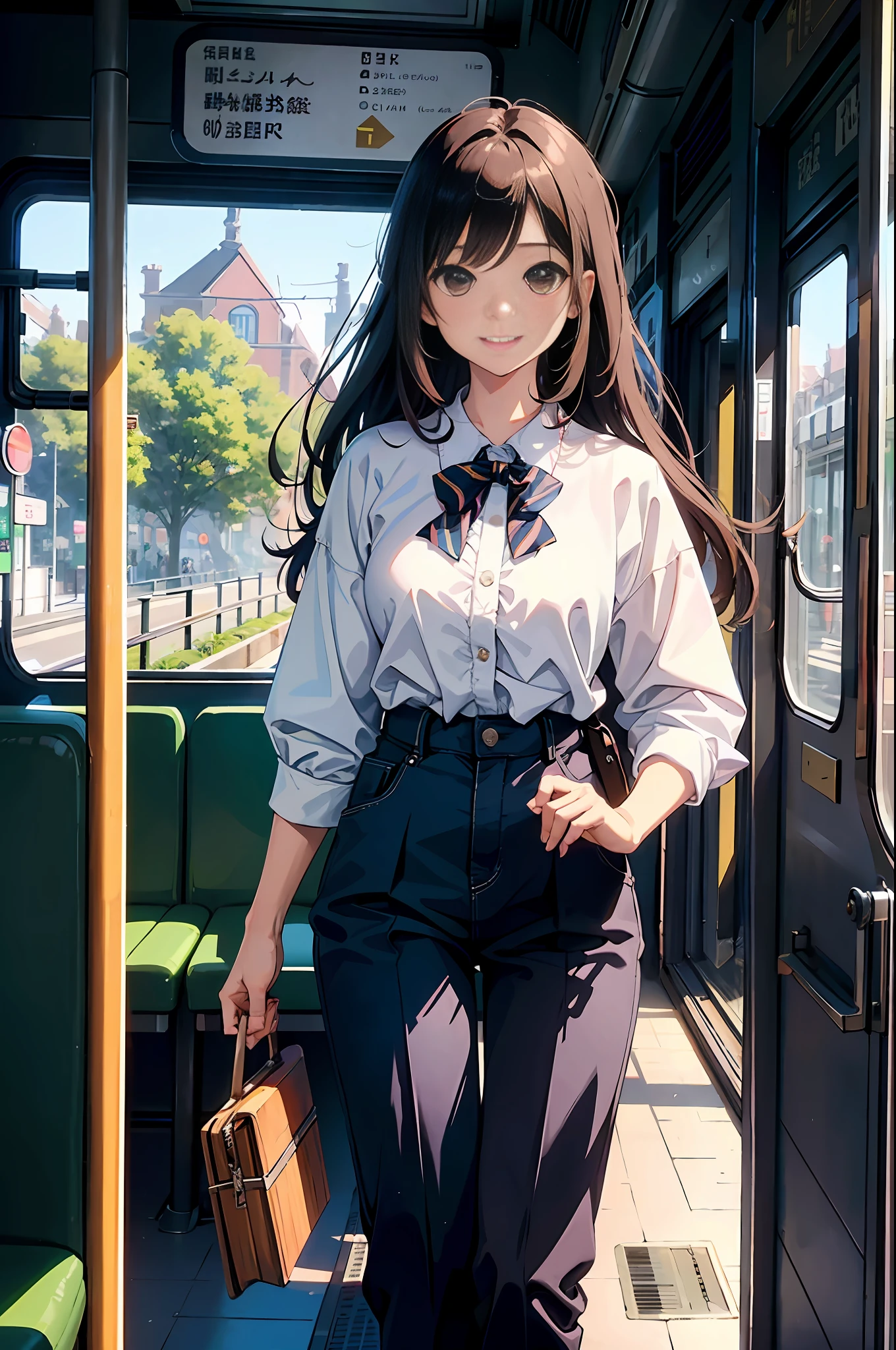 (A masterpiece、the highest quality:1.2)、Super Detailed、cinematic lighting、FPS、Beautiful girl standing in front of tram、Chinchin Train、passenger car、tram、Stay、timetable、Ticket、Brown long hair、From the Side、Sunlight、Slim body、Dowel dowel trousers、white blouse、porch、Beautiful smile、Beautiful girl with full body、clean detailed faces、simple clothes、glowing shadows、