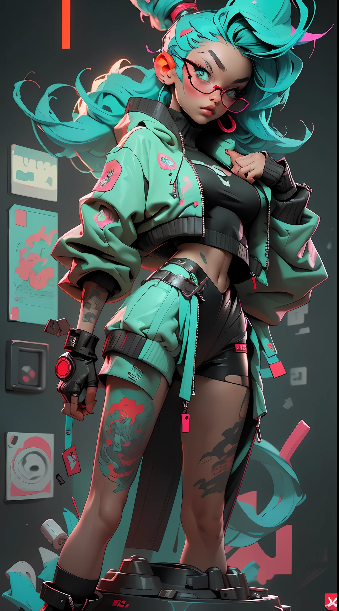 ((Best Quality)), ((Masterpiece)), ((Realistic)) and ultra-detailed photography of a 1nerdy girl with goth and neon colors. She has ((turquoise hair)), wears a techwear jacket and (black thong, red pattern:1.2) exudes a vibe ((beautiful and aesthetic)), sexy, underboobs, hot