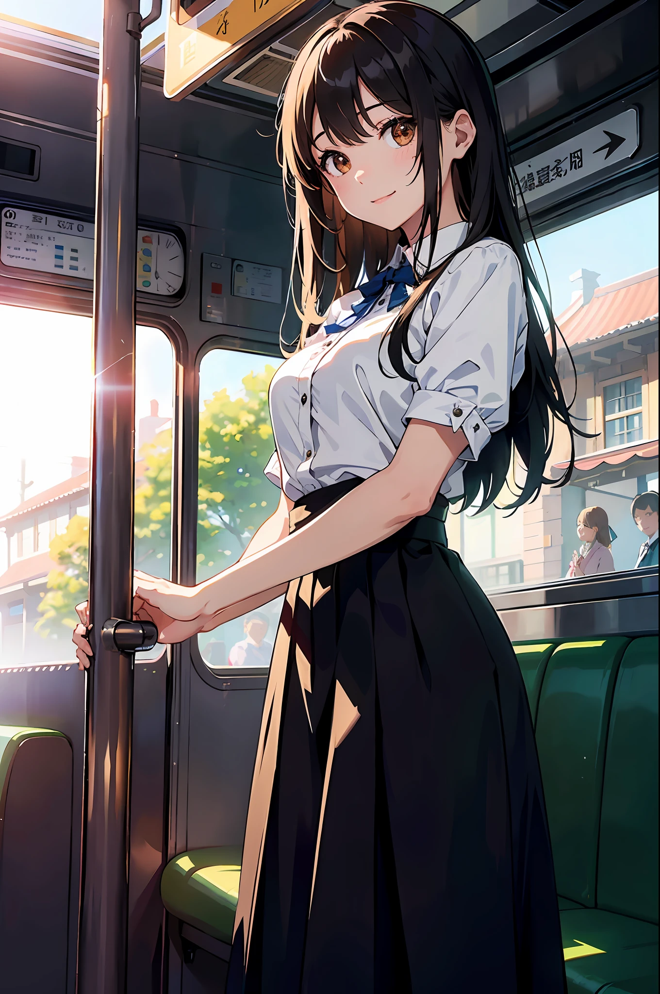 (A masterpiece、the highest quality:1.2)、Super Detailed、cinematic lighting、FPS、Beautiful girl standing in front of tram、Chinchin Train、passenger car、tram、Stay、timetable、Ticket、Brown long hair、From the Side、Sunlight、Slim body、Dowel dowel trousers、white blouse、porch、Beautiful smile、Beautiful girl with full body、clean detailed faces、simple clothes、glowing shadows、