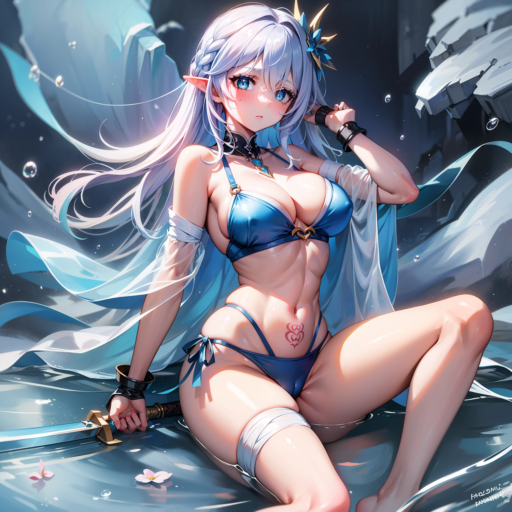 cute girl, cute face, pupils different colors, pupil pink, pupil lake blue, sword, quadratic, , asymmetrical hair, floating hair, hair between eyes, side hair, next to the phoenix, sword, fish hair ornament, tassel, bangs, pendant collar, collarbone, tattoo, chest tattoo, cleavage, medium breasts, thighs, bandages, bandage legs, bare shoulders, swimsuit, frozen blue rose, shining sword, glass bra, sexy beautiful girl, swimsuit, aesthetic, fantasy, dream, magic, magnificent imagination,high resolution, super delicate, best quality, taijitu, temptation, blonde hair , phoenix side, sword, cute, delicate, faint fog, cherry blossoms, wind, aesthetics, hills, field, milky way, stars, shine, night, starry sky, fantasy, dream, magnificent imagination, high resolution, super refined, masterpiece, best quality, uncensored, cute, cold, extremely cold, frost, snowflake, snow mountain, ice crystal, ice flake, mirror, glass, lake, blue frozen hourglass, water, flowing water, frozen water, cold, frozen, blue, ice blue, white, lake blue, royal blue, high cold, plain, cute, cute, cute, cute, cute, cute