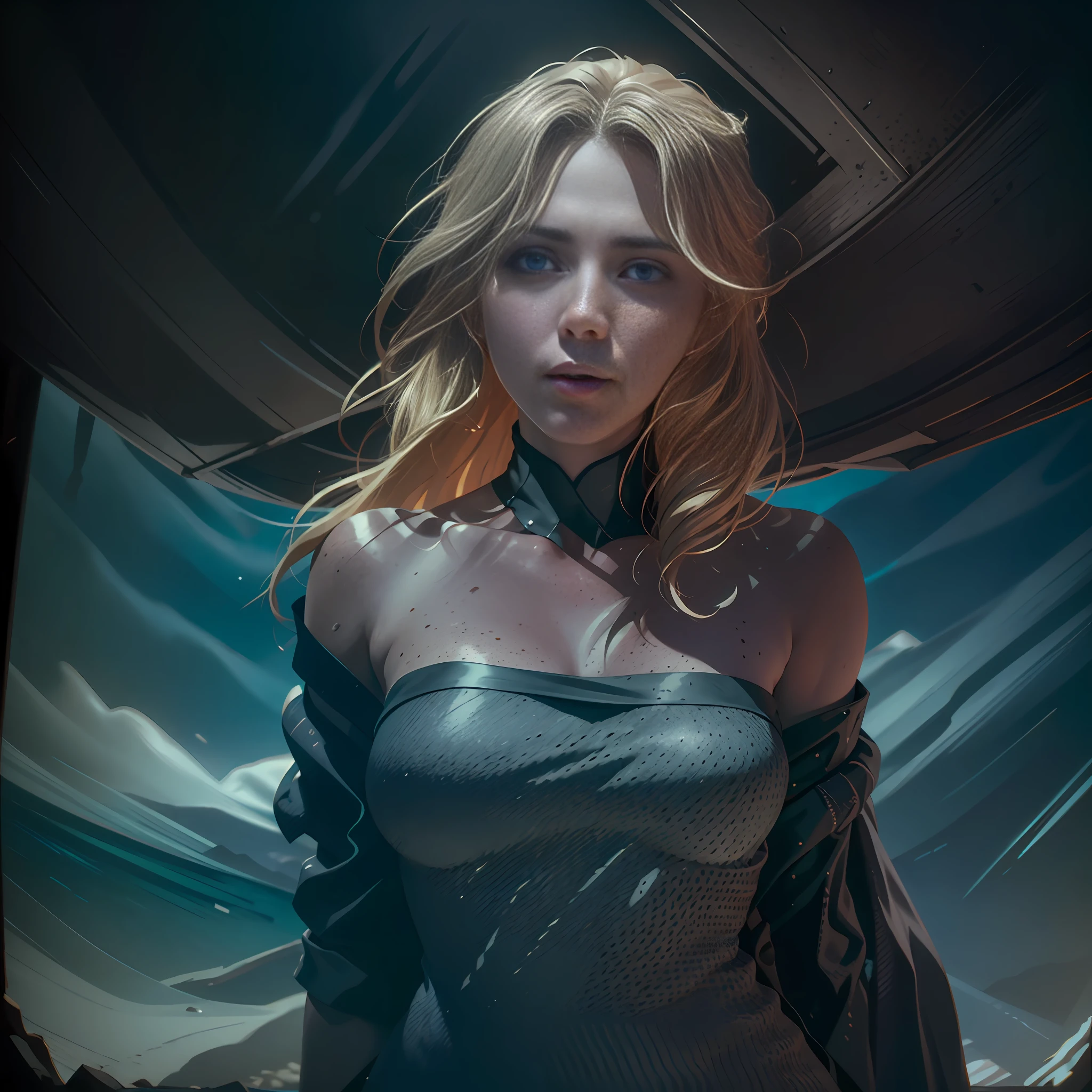 Deep shadows, sinister, winning photo, best quality, masterpiece, upper body, woman, freckled face, windblown blonde hair, emerald eyes, modern strapless dress by Jeremy Lipkin, Antonio J. Mann Sanedo, Lee Jeffries Nikon d850 film stock photo 4 Kodak portra 400 camera f1.6 lens rich colors ultra realistic realistic textures dramatic lighting unreal engine trends on artstation cinestill 800, fisheye lens, Style-Kilt , windy beaches, Scottish lochs, forests