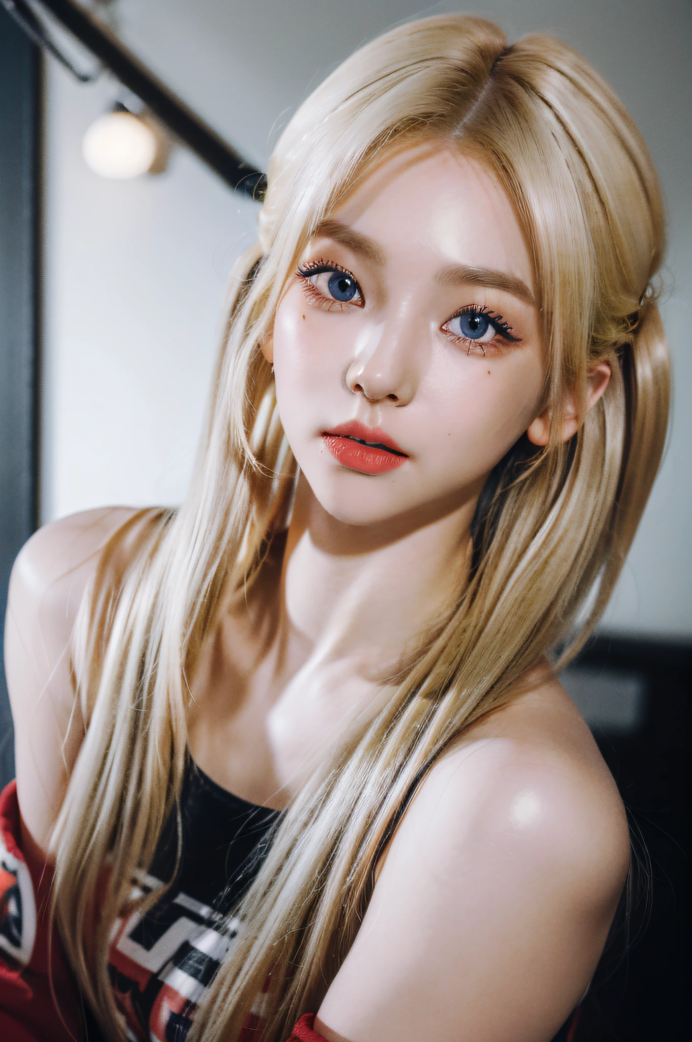 (8k, 4k, best quality, highres, ultra high res:1.1), (masterpiece, realistic, photo-realistic:1.1), 1girl,  face, close-up, twintails, blonde hair, black eyes, red lips,  (looking at viewer:2), absurdly long hair, long eyelashes, eyeshadow,  small face, big eyes,
bare shoulders,
high contrast,