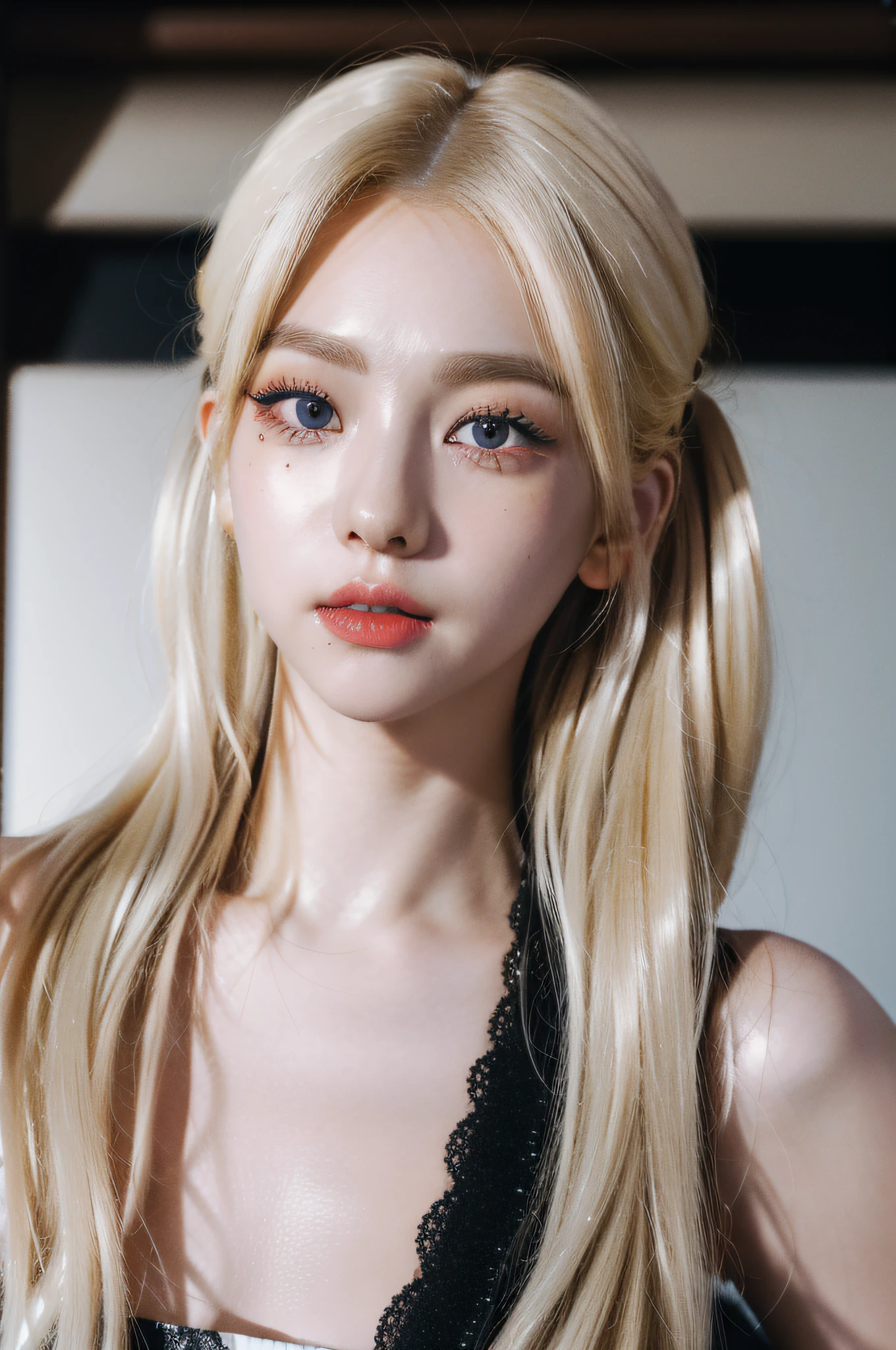 (8k, 4k, best quality, highres, ultra high res:1.1), (masterpiece, realistic, photo-realistic:1.1), 1girl, face, close-up, twintails, blonde hair, black eyes, red lips, (looking at viewer:2), absurdly long hair, long eyelashes, eyeshadow, small face, big eyes,
bare shoulders,
high contrast,