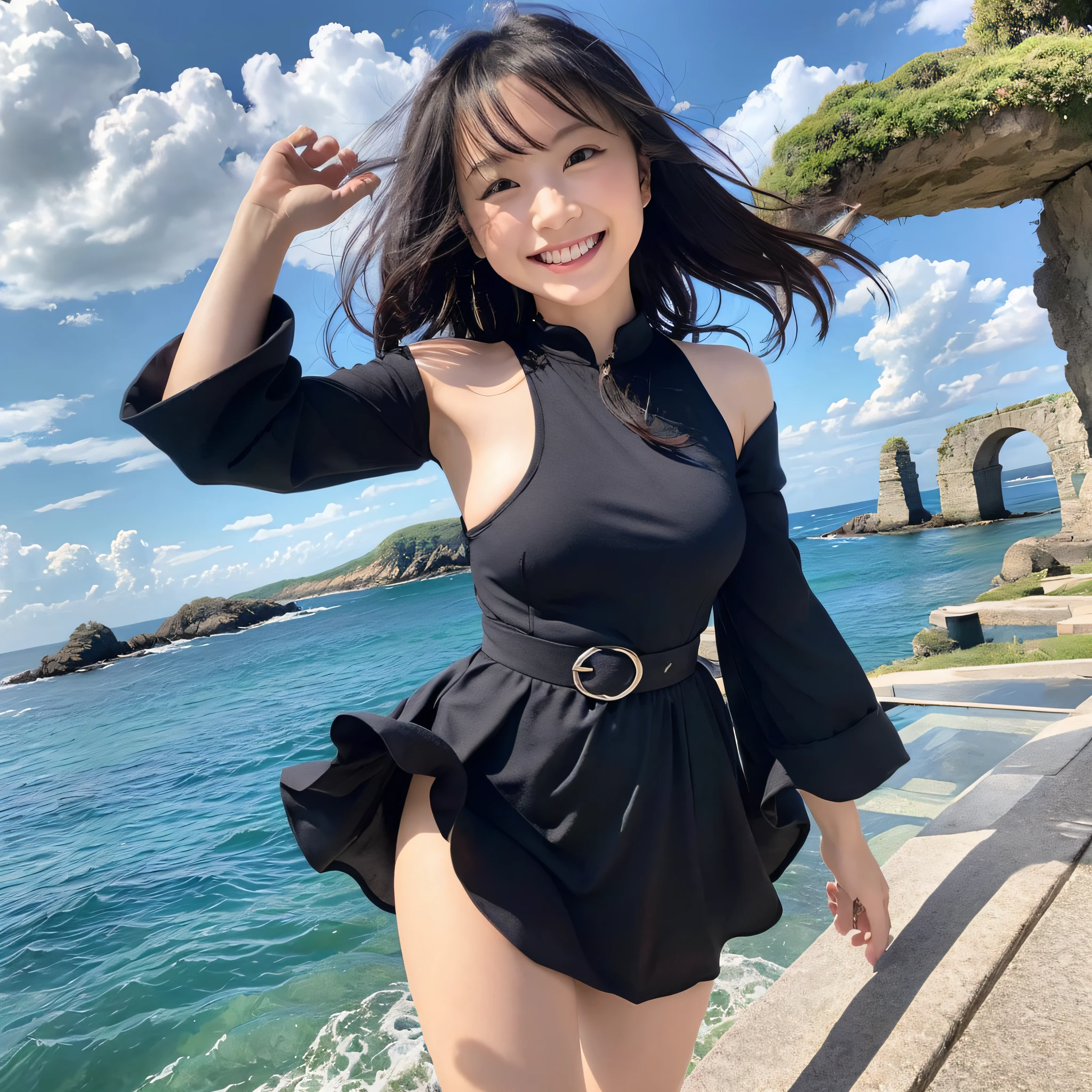 little woman, cute, fair-skinned, smiling, Japan, black hair, wearing a short dress, slightly big breasts, smiling, landscape sky and sea --auto --s2