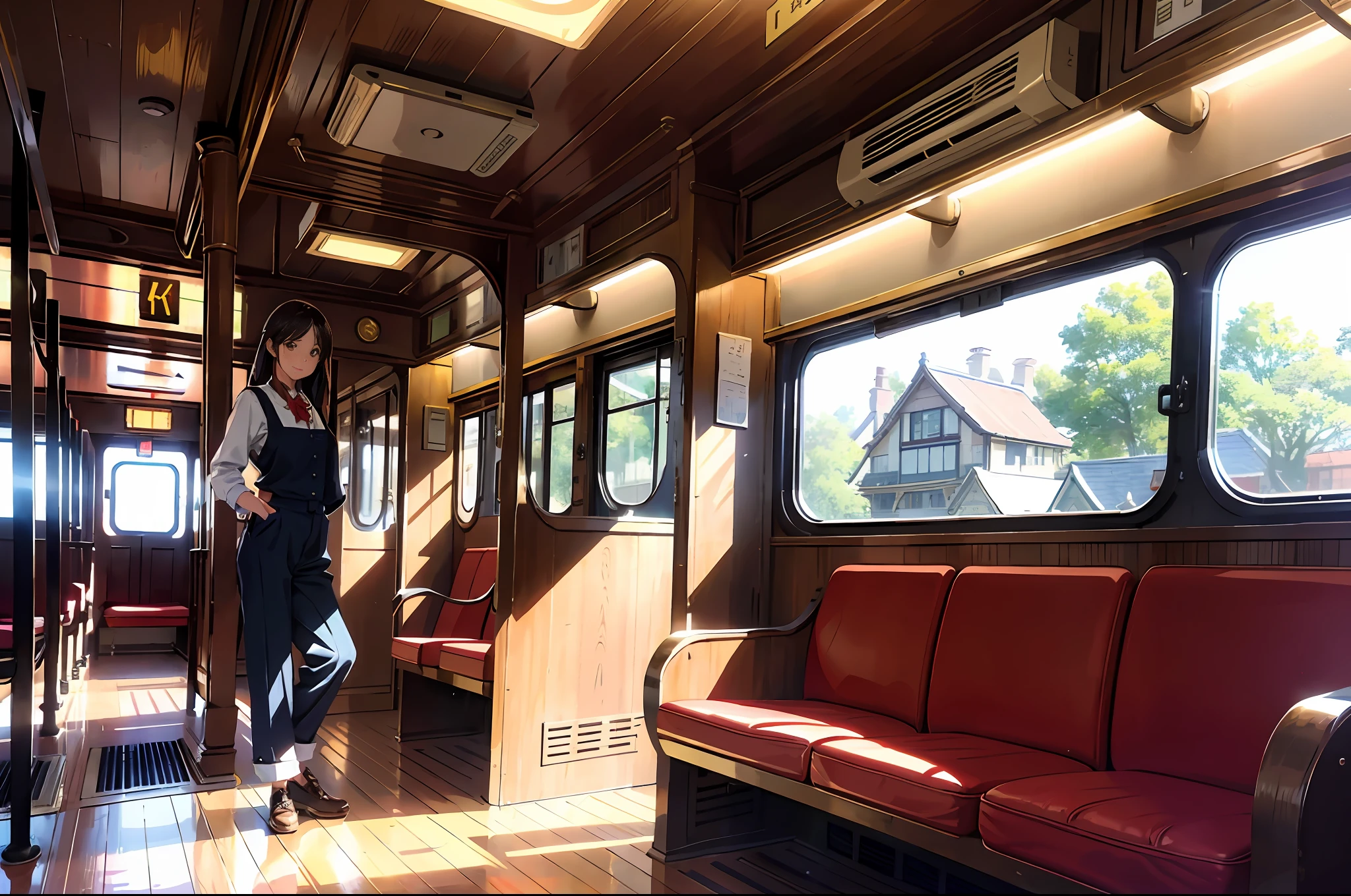 (A masterpiece、the highest quality:1.2)、Super Detailed、cinematic lighting、FPS、Retro tram and beautiful girl、Chinchin Train、passenger car、tram、Stay、timetable、Ticket、Brown long hair、From the Side、Sunlight、Slim body、Dowel dowel trousers、white blouse、porch、Beautiful smile、Beautiful girl with full body、clean detailed faces、simple clothes、glowing shadows、